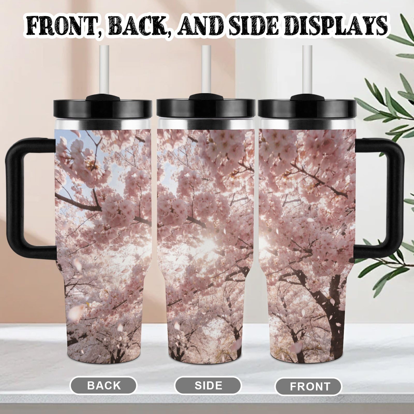 Cherry Blossoms - Vaso de café de viaje de acero inoxidable, taza de café con tapa y popote, taza con asa, gran capacidad, doble pared al vacío, taza térmica de café helado, 40 onzas