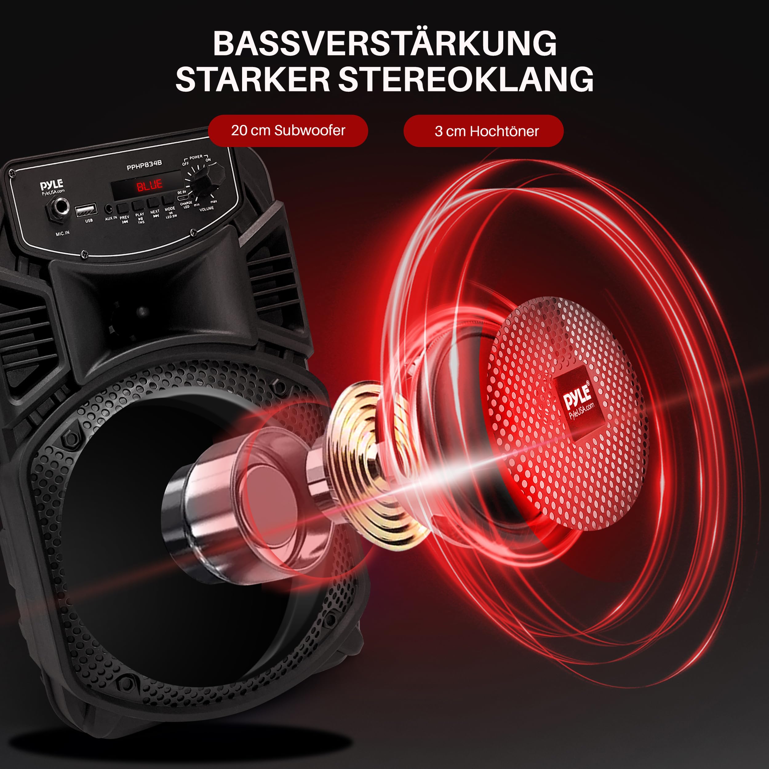 Pyle PA Bluetooth Lautsprecher Partybox mit 8" Subwoofer, 1" Tweeter, 300W, Fernbedienung, MP3/USB, Radio