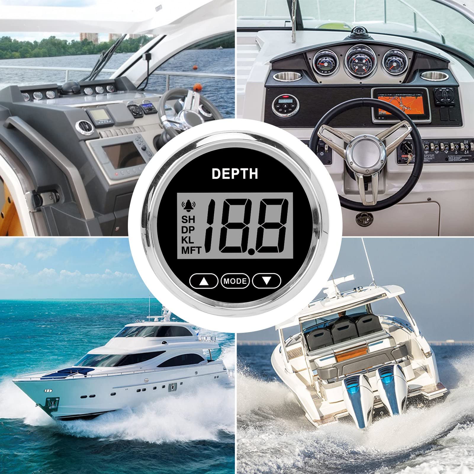 Digitales Boot Tiefenmesser Depth Gauge 52mm 2 Zoll Marine Tiefenmesser Wasserdicht Dash Depth Finder Transducer mit Weißer Hintergrundbeleuchtung für Angeln