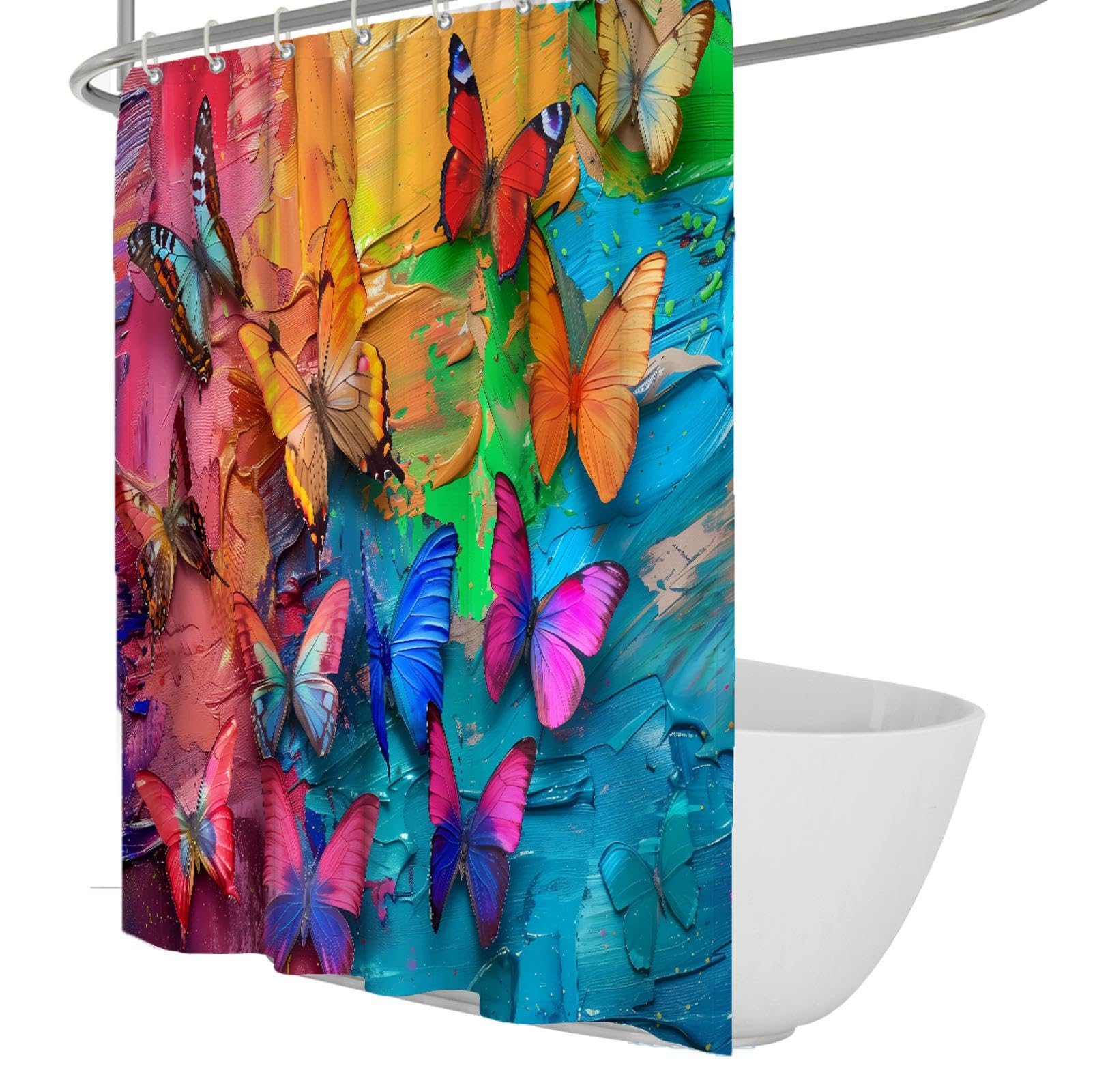 Peinture à l’Huile Texture Rideaux de Douche Papillons colorés Motif Rideau de Salle de Bain Tissu imperméable Lavable en Machine avec des Crochets 200 x 240 cm