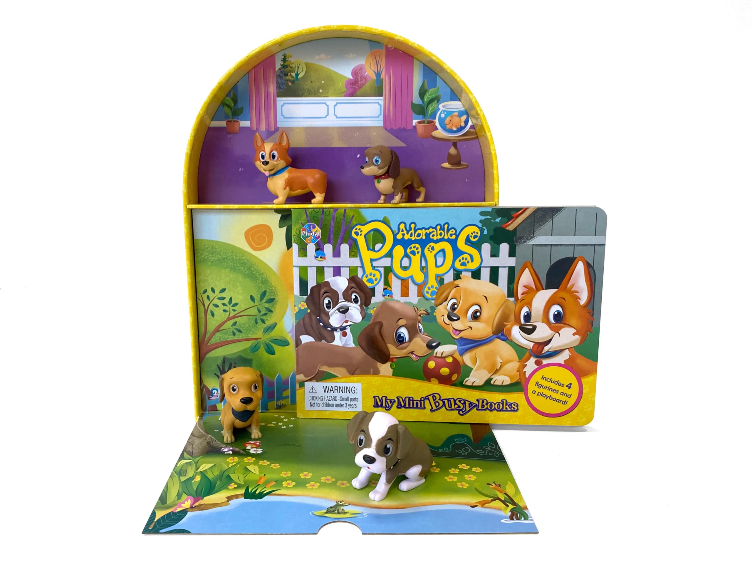 Phidal Adorable Pups My Mini Busy Books - Activity Books for kids, 10-page storybook, 4 figurines, a foldable play mat