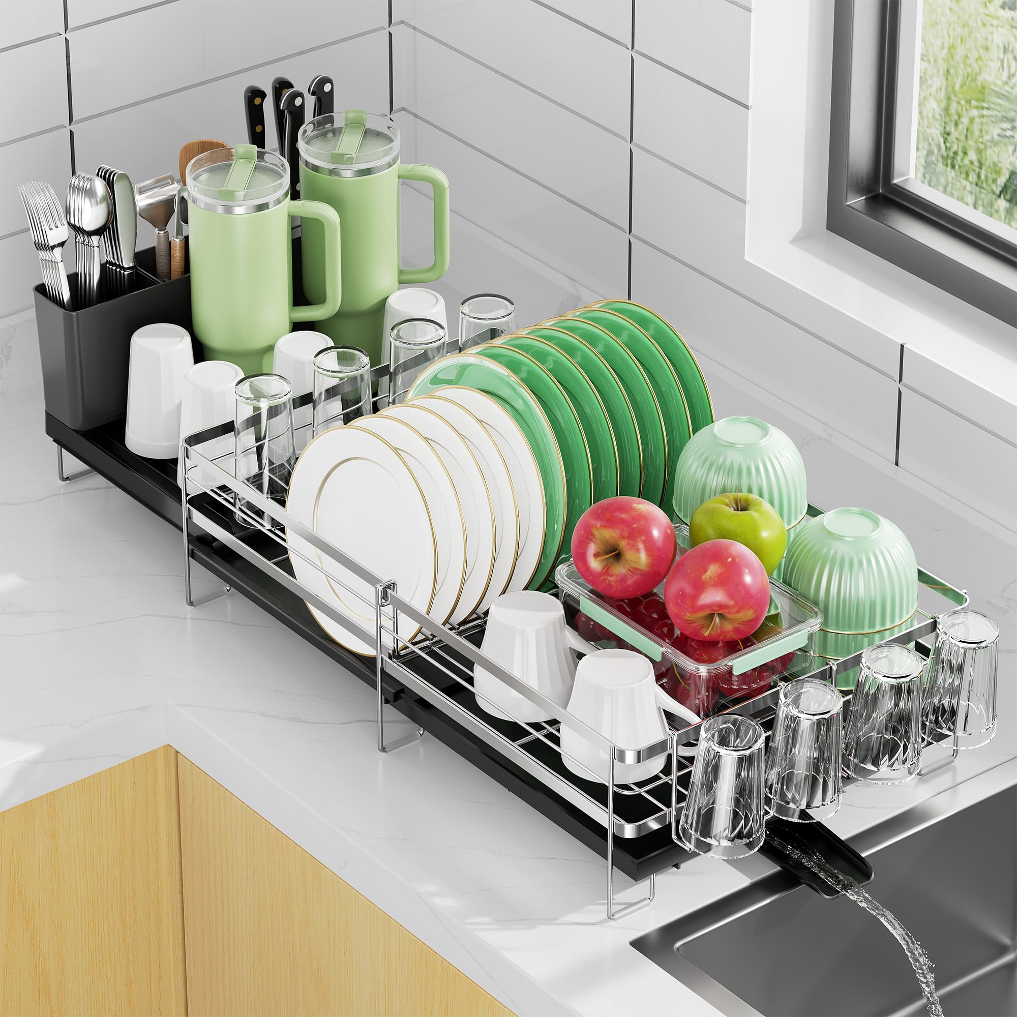 Photo 1 of Pantasia Large Dish Drying Rack, Expandable Dish Rack, Stainless Steel Anti-Rust Dish Racks for Kitchen Counter, Multifunctional Dish Drainer with Utensil Holder & Cup Holder, 13.4"-28.7" L x 11.8" W