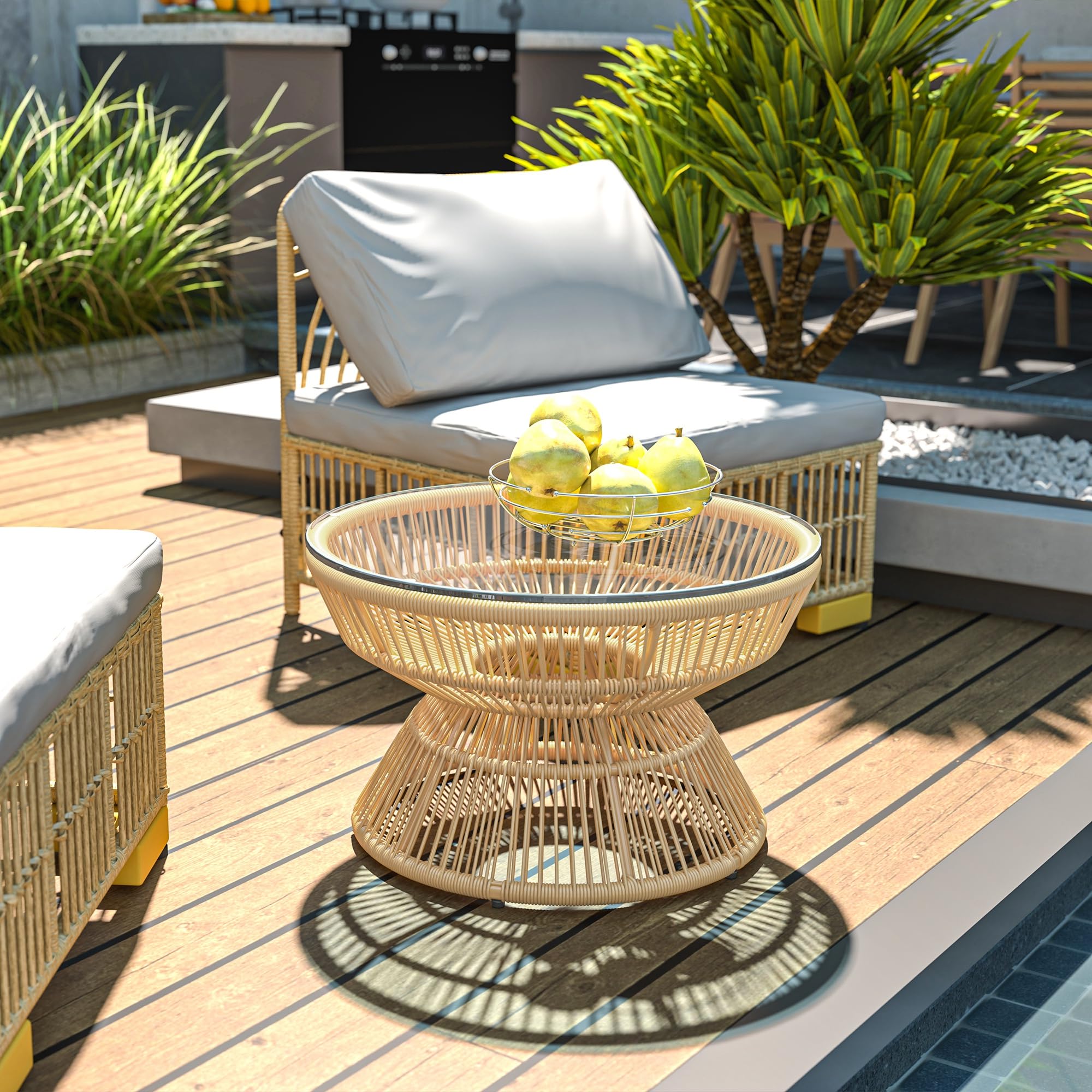 Outsunny Table Basse de Jardin Ronde, Table d'appoint en résine Aspect rotin et Plateau Verre trempé Ø60 x 37H cm Naturel
