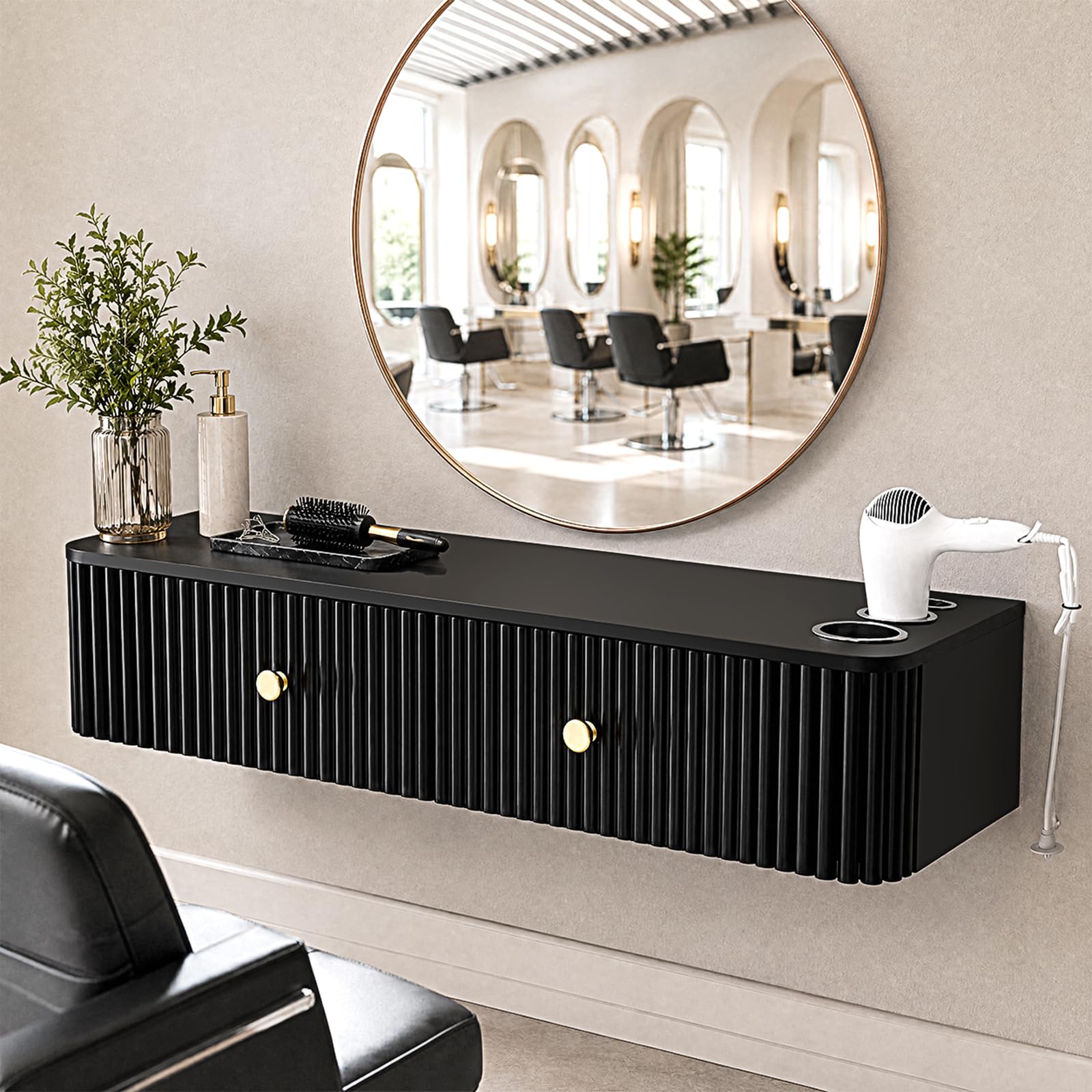 OmySalon Wall Mount Salon Station with Mirror, Hair Stylist Cabinet with 3 Heat Resistant Dryer Holders, 2 Drawers, Barber Storage Station for Barbershop SPA, Solid Black