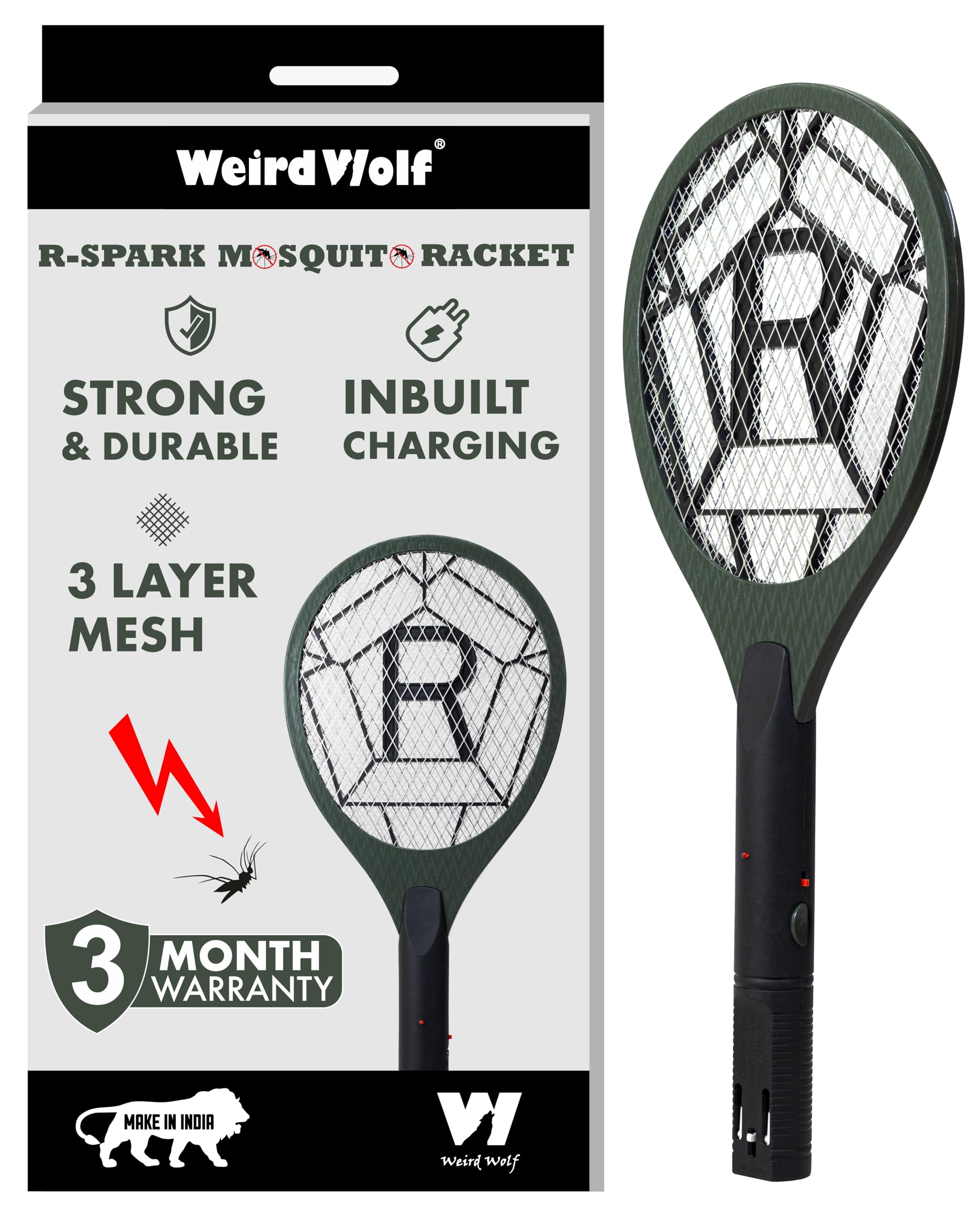 Weird Wolf Heavy Duty Mosquito Racket Bat | Rechargeable Electric Fly Swatter | Mosquito Killer Racquet with 2 Pin Plug and 3 Months Warranty (Dark Green)