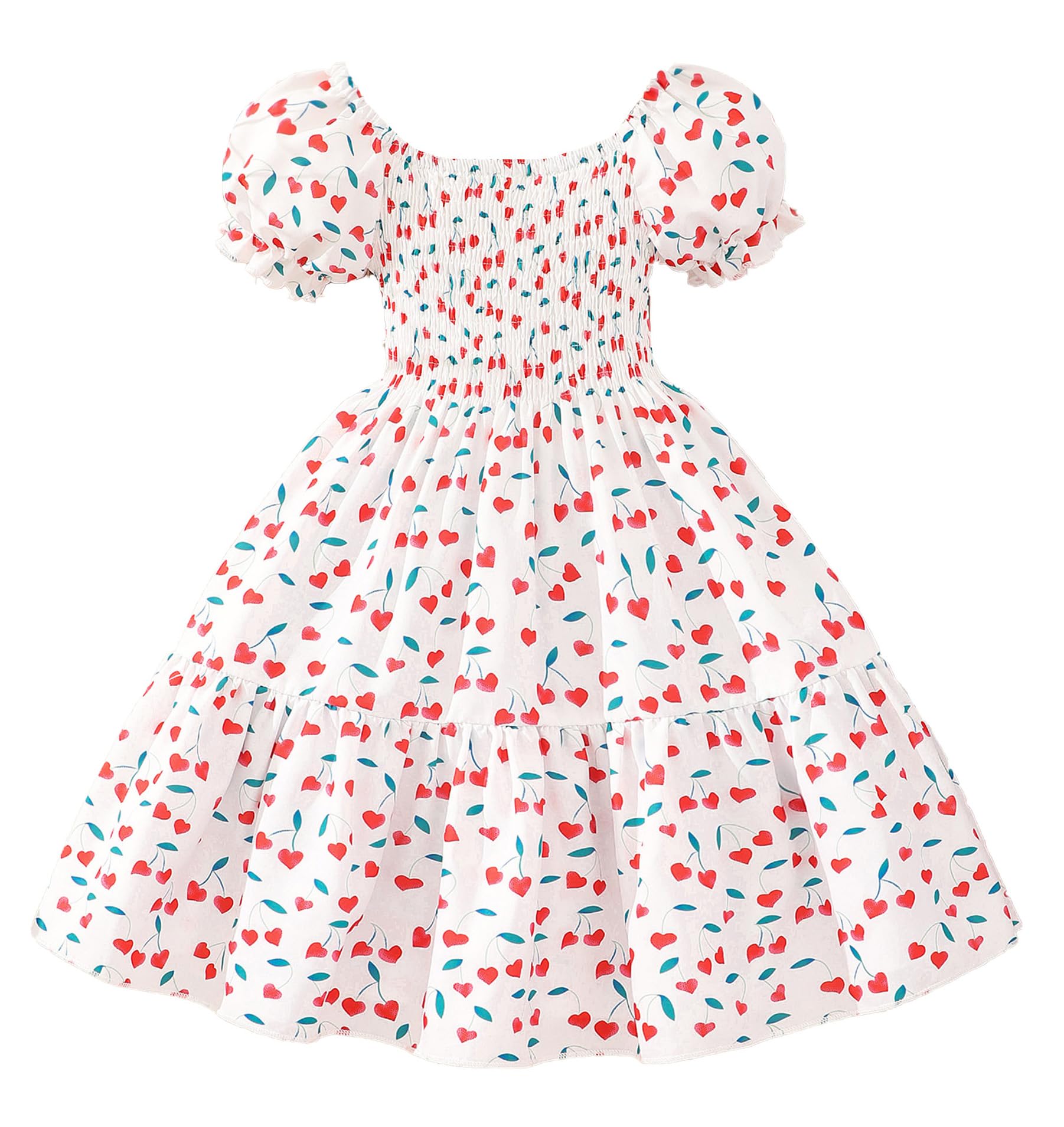 Toddler Baby Girls Summer Floral Dress Kids Puff Sleeve Square Neck Smocked Flowy Sun Dresses 2-8 Years