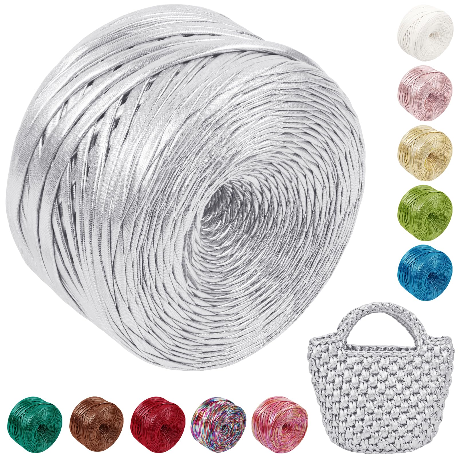 Uiopa Metallic T Shirt Yarn for Crocheting, 300g/90m Polyester Elastic Tshirt Yarn Single-Side Thick Fabric Cloth Ribbon for Crochet Bags, Baskets, Home Decor, DIY Crafts (Silver)