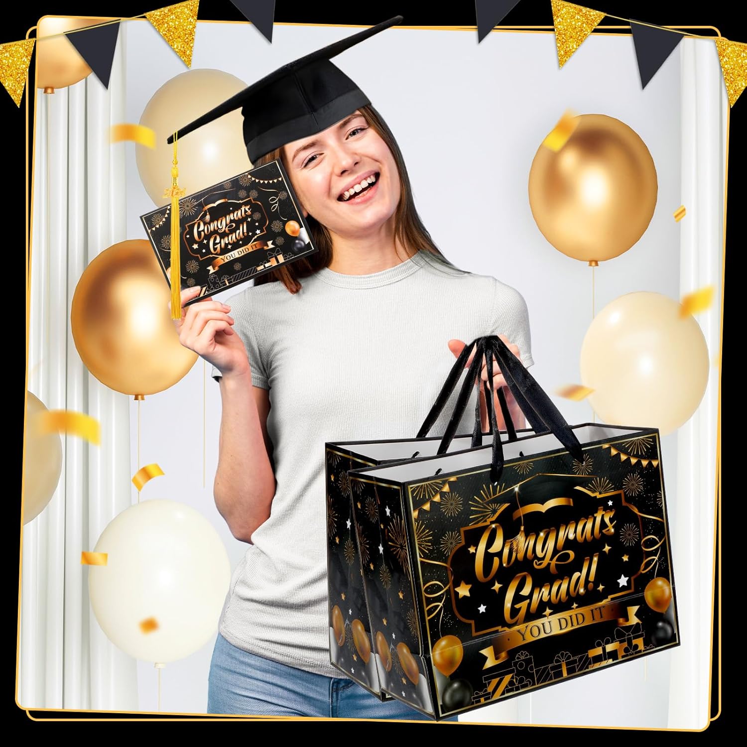 Liobelon 2 Pack Congrats Grad Gift Bags with Tissue Paper and Greeting Card, 2026 Graduation Party Favors Bag for Celebration Party Supplies, Black Gold - Image 8