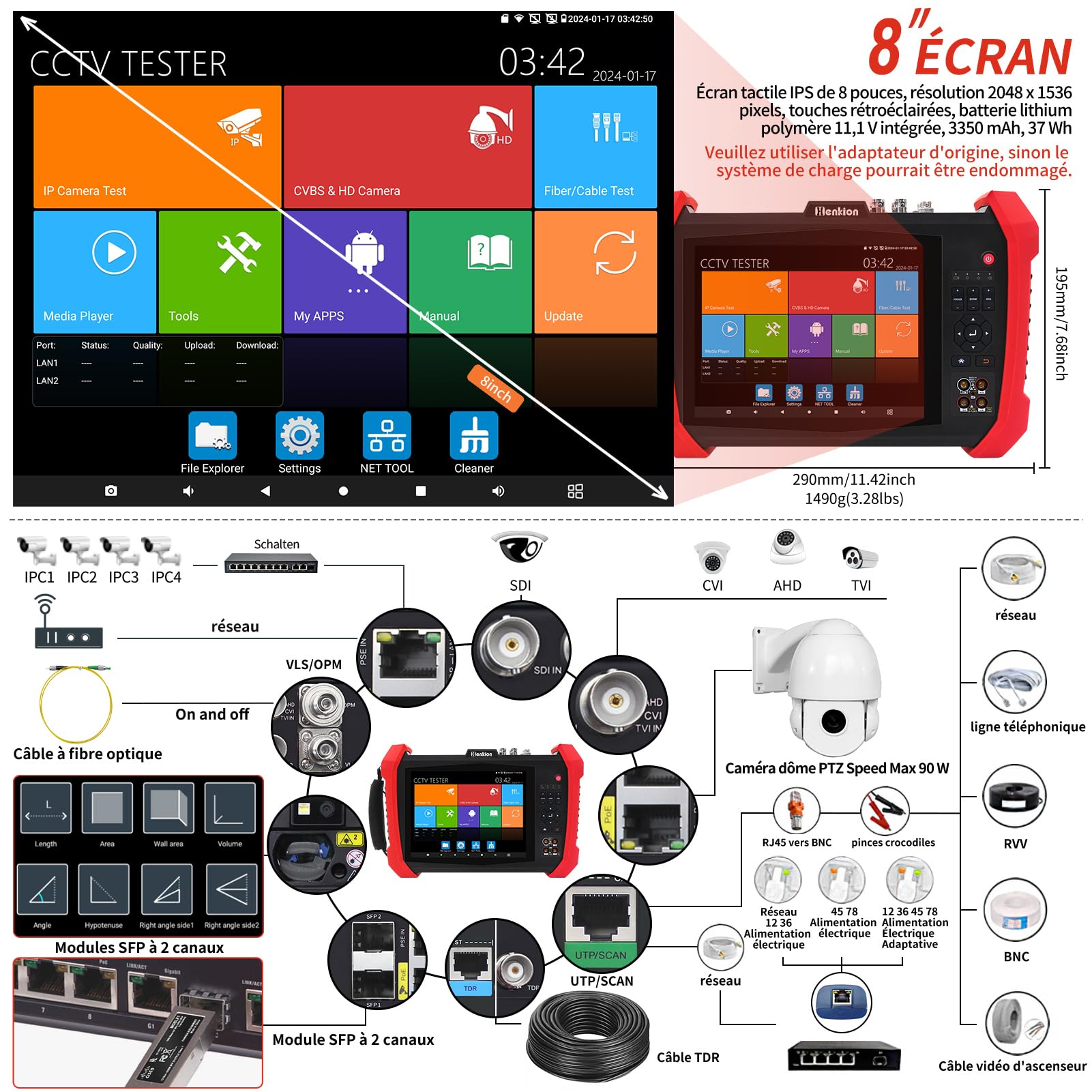 Henkion Testeur IPC CCTV H20-MOVTADHSEF 8K 32MP 12MP IP Caméra Test POE++ Max 90W HD Testeur de caméra 8MP TVI/CVI/AHD/SDI/CVBS DMM TDR WiFi Outils de réseau RJ45 Testeur de câble 2CH SFP Port HD VGA