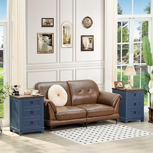 Miniatura 7 de Mesita de noche de granja de 18 pulgadas con 3 cajones, mesa auxiliar de madera para dormitorio, mesita de noche azul marino, mesa auxiliar de cama