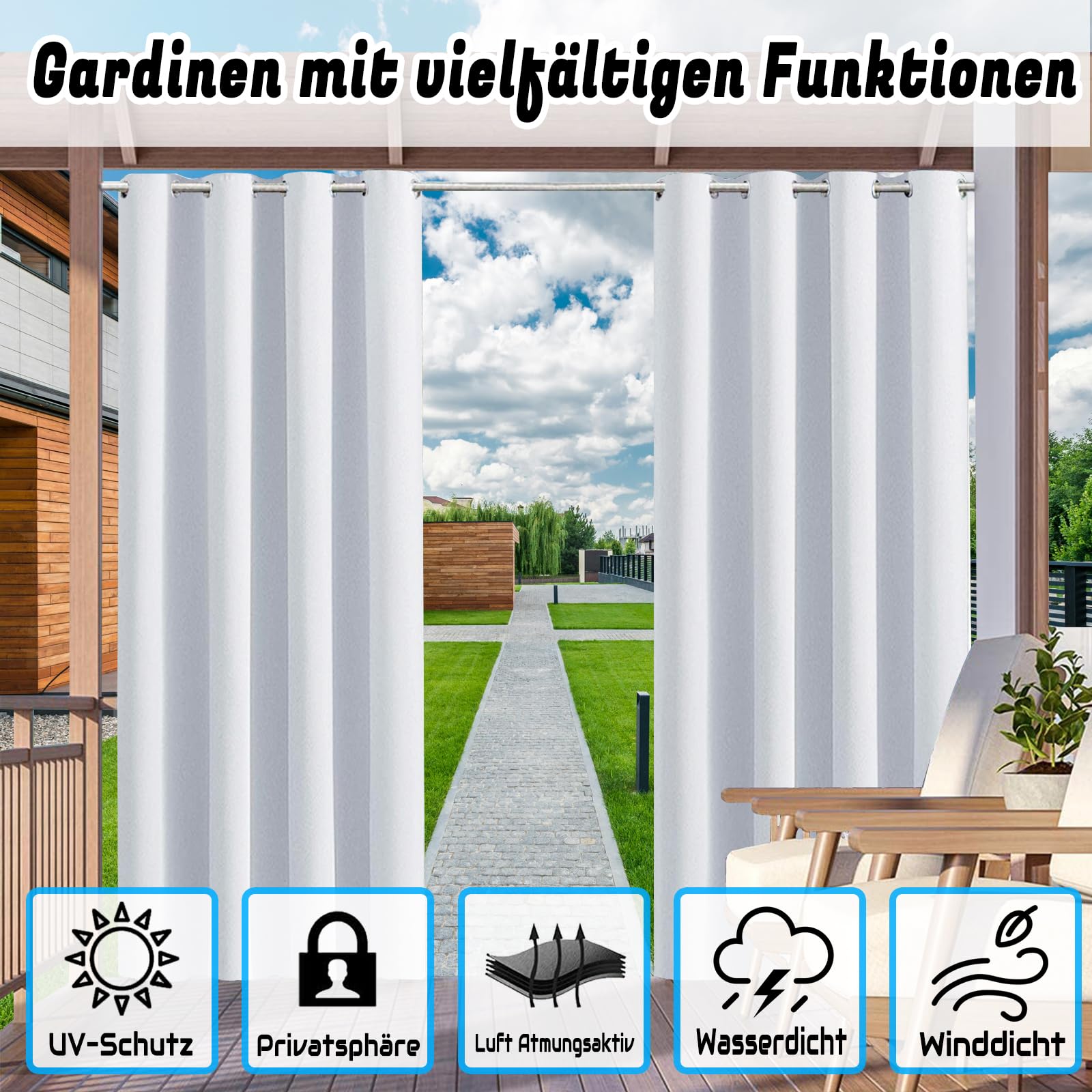 Outdoor-Vorhang wetterfest, 1 Stück blickdichte Sonnenschutzgardine mit Ösen, wasserdicht – in 24 Farben als Sichtschutz für Veranda, Pavillon & Laube - H213 x B132cm