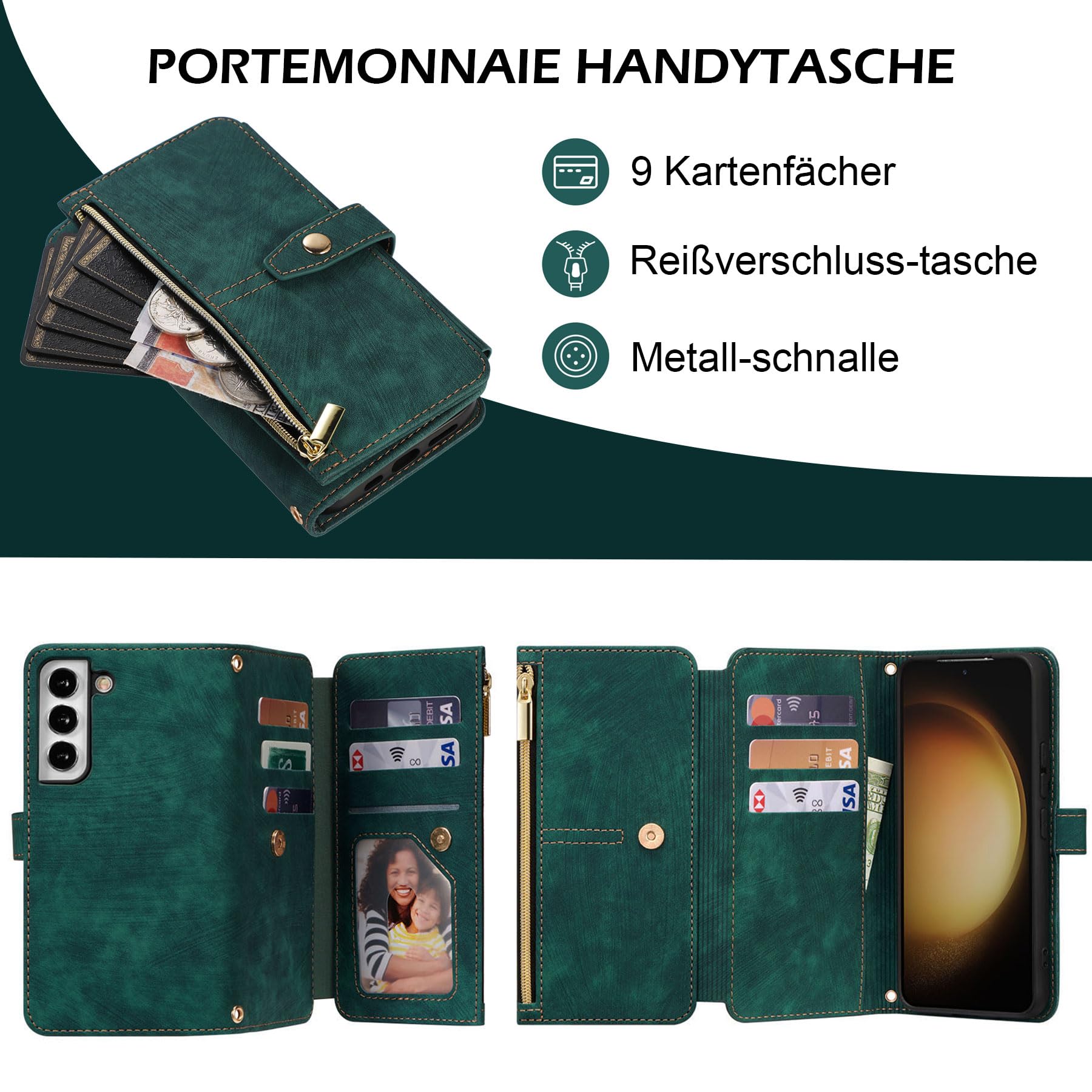 ZCDAYE Custodia per Samsung Galaxy A34 5G con 9 scomparti per carte di credito, in pelle PU per Samsung A34 5G, custodia per Samsung Galaxy A34 5G, con chiusura lampo, colore: verde