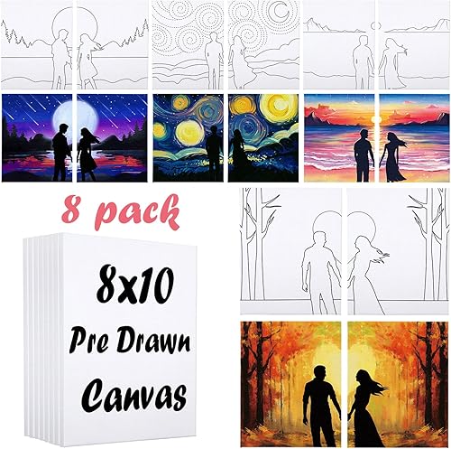 VOCHIC 8 piezas de lienzos predibujados para pintar para adultos, kit de sorbo y pintura, suministros de fiesta, juego de pintura en lienzo, juegos