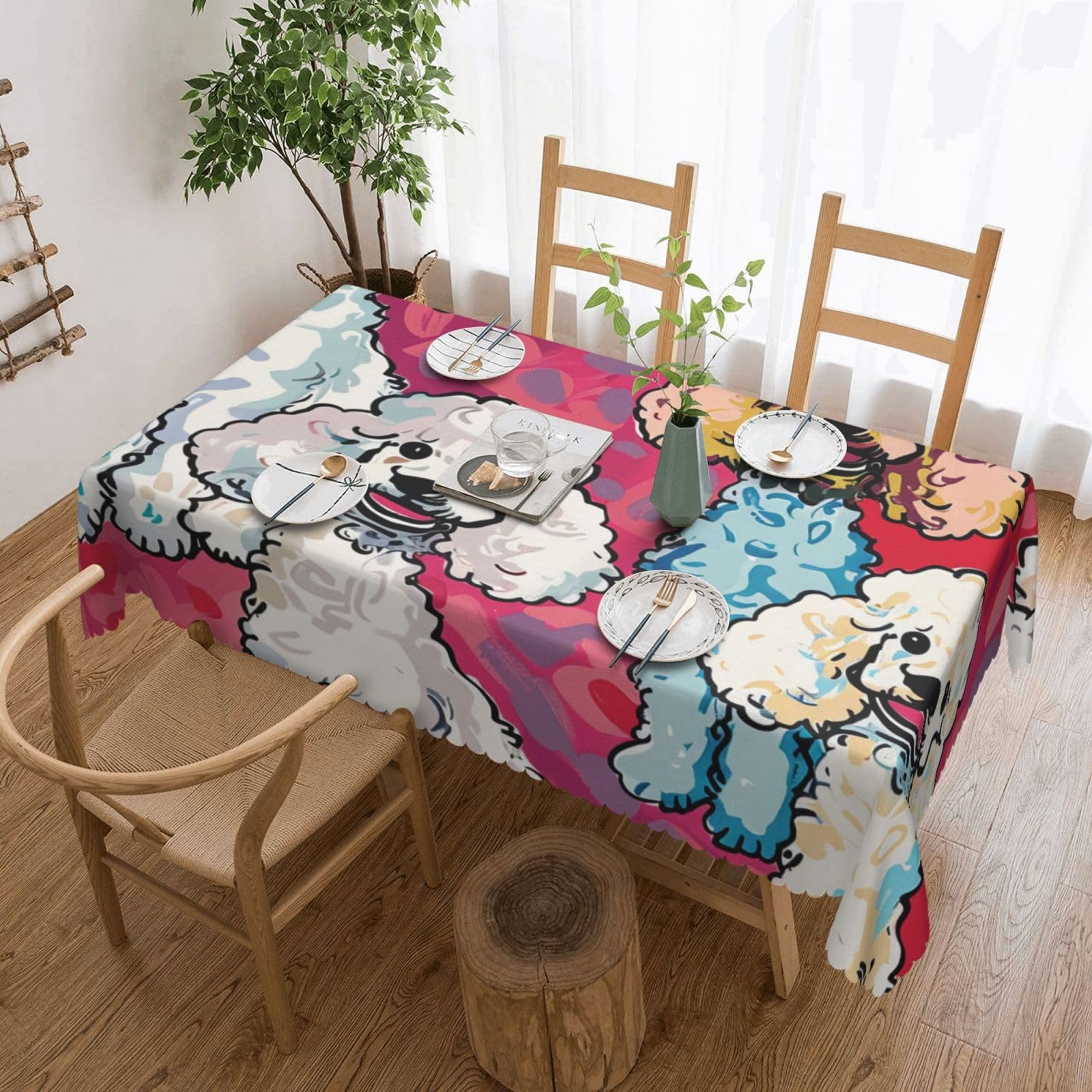 WPKJU Poodles Dogs Printed Rectangle Tablecloth 72x54 Inch with Lace Trim, Water-Resistant Washable Table Cover for Farmhouse Weddings, Outdoor Picnics & Holiday Dining
