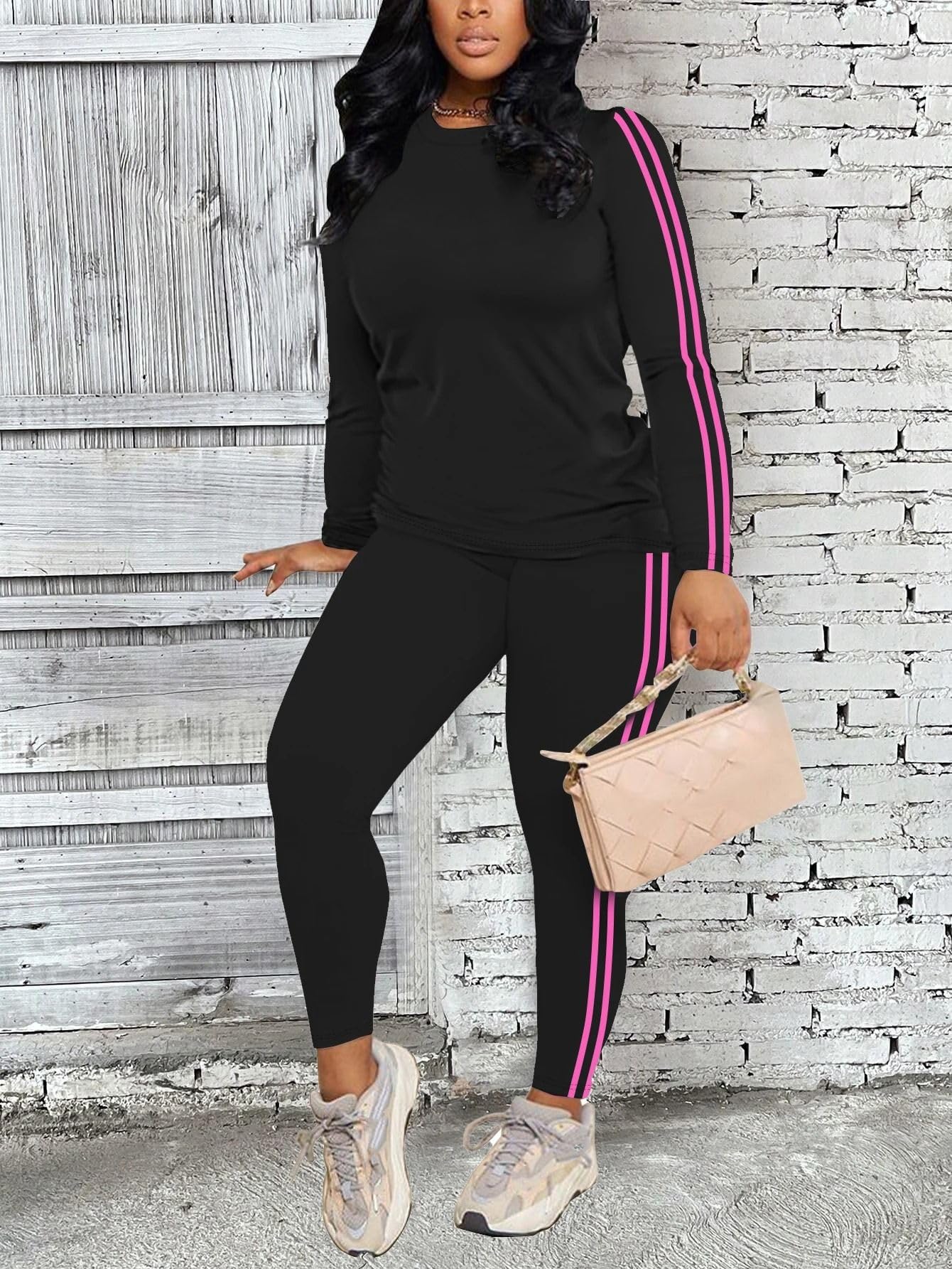 Conjunto de Yoga de 2 Piezas para Mujer: Parte Superior Rayada y Pantalón, Atuendo Transpirable