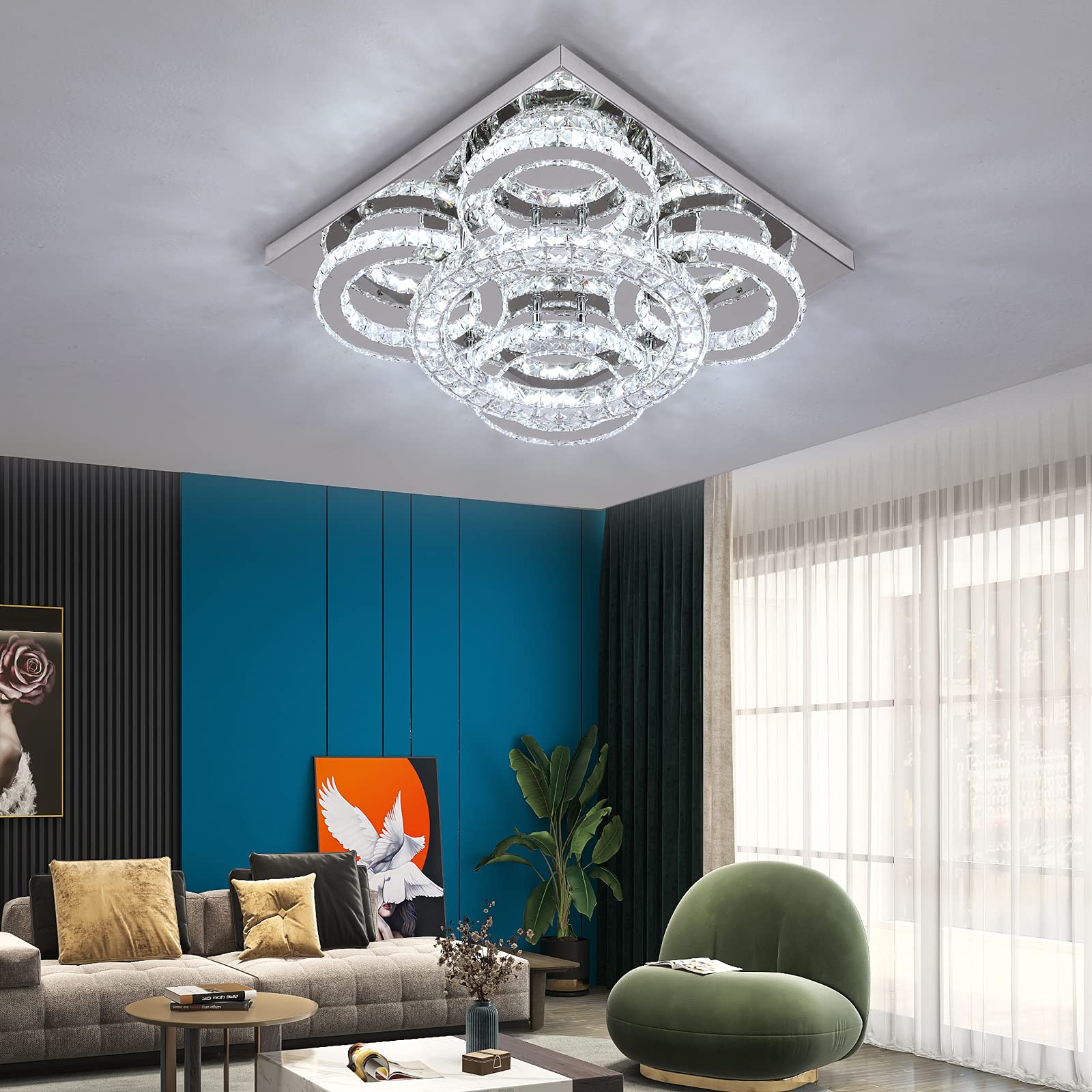 GreeLustr Modern Crystal Chandelier, 3-Colors Dimmable Led Ceiling Light, Square K9 Crystal Flush Mount Stainless Steel Lighting Fixture for Bedroom, Living Room, Dining Room (5-Rings) โ image 1