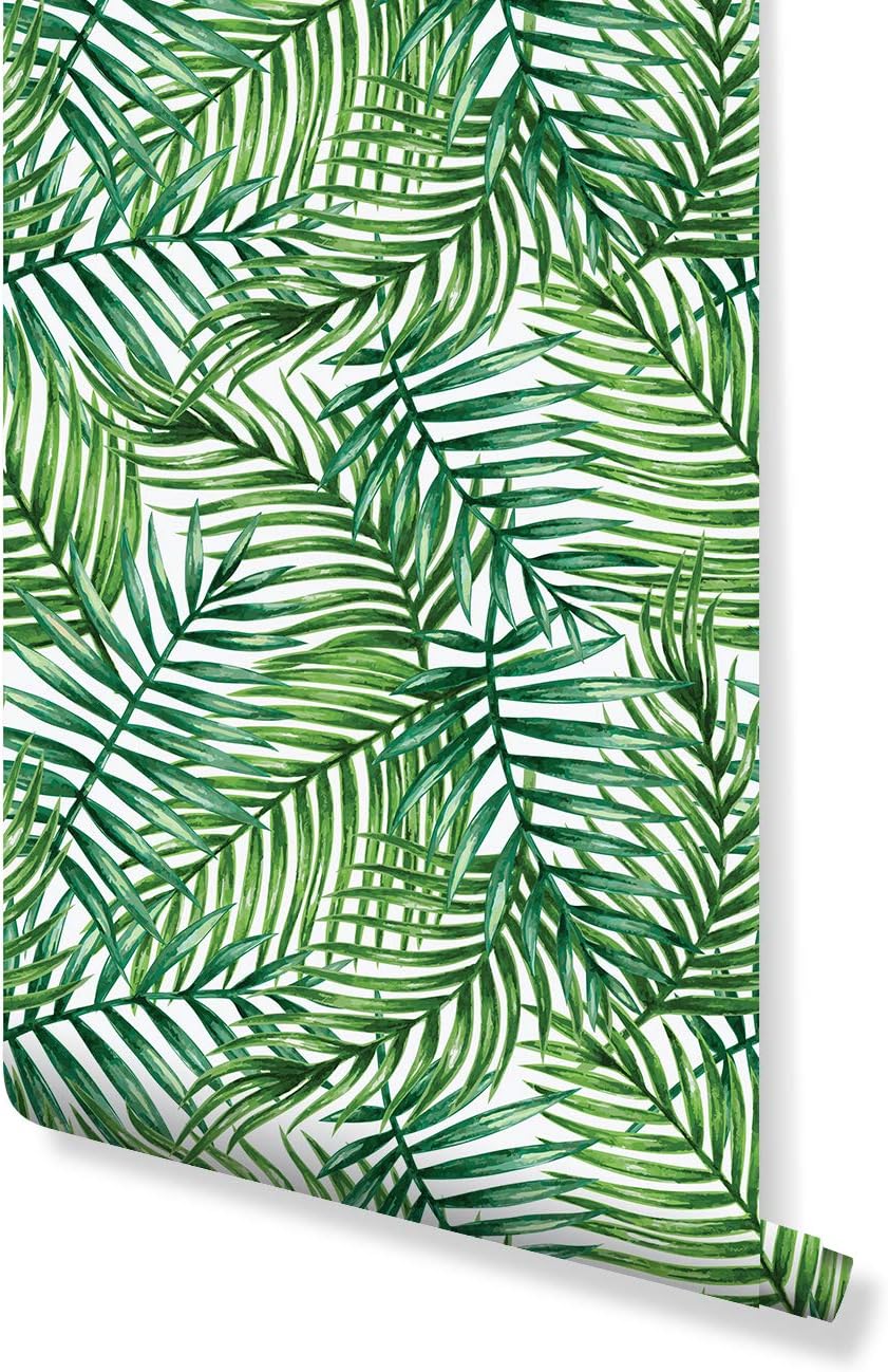 Temporary Self Adhesive Removable Wallpaper with Watercolor Green Tropical Palm Leaves, Great for Home Improvement Wall Decor CC162 (6" x 10" Sample)