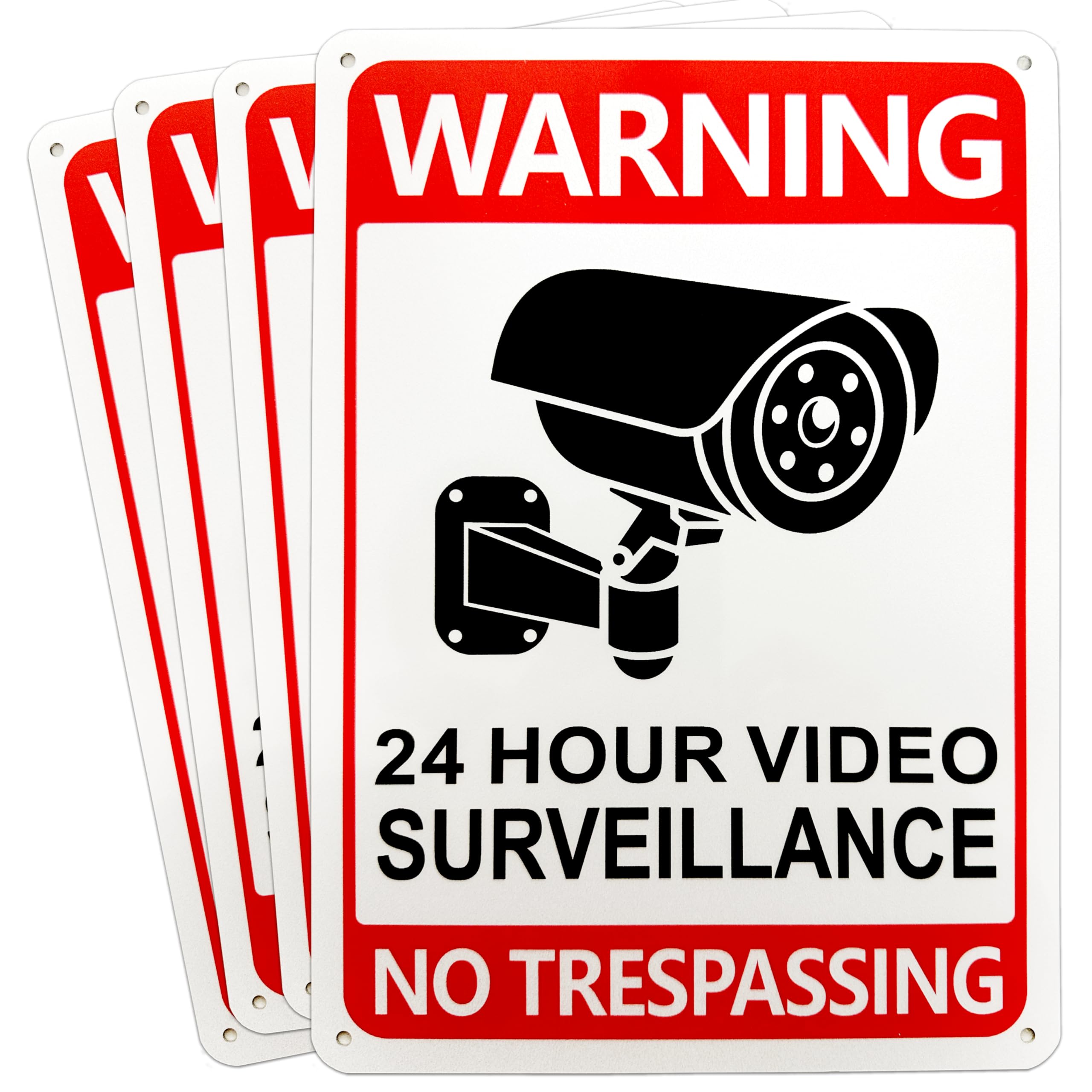 Innovative Haus 4-Pack Video Surveillance Signs Outdoor. No Trespassing Sign Private Property. Aluminum 10''x7'' - Security Camera Warning for House.