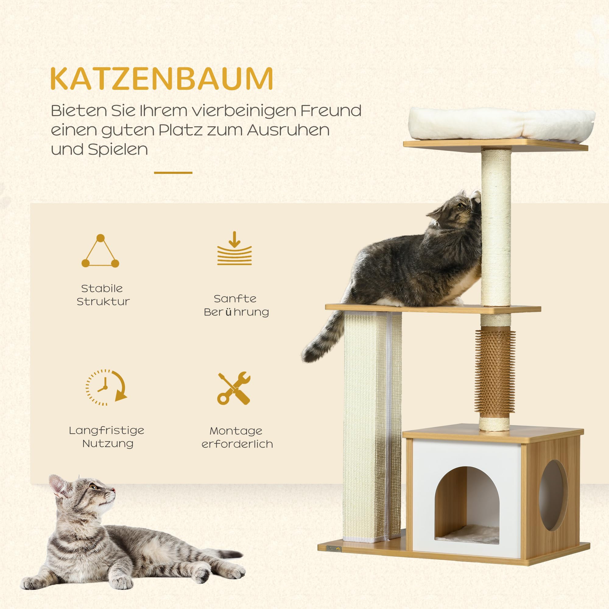 PawHut Drapak dla kotów, wysokość 114 cm, wielopoziomowe drzewko do wspinaczki z łóżkiem dla kota, domek dla kota, meble dla kota z kolumną łaskotki, drapak dla kotów o wadze do 5 kg, dąb