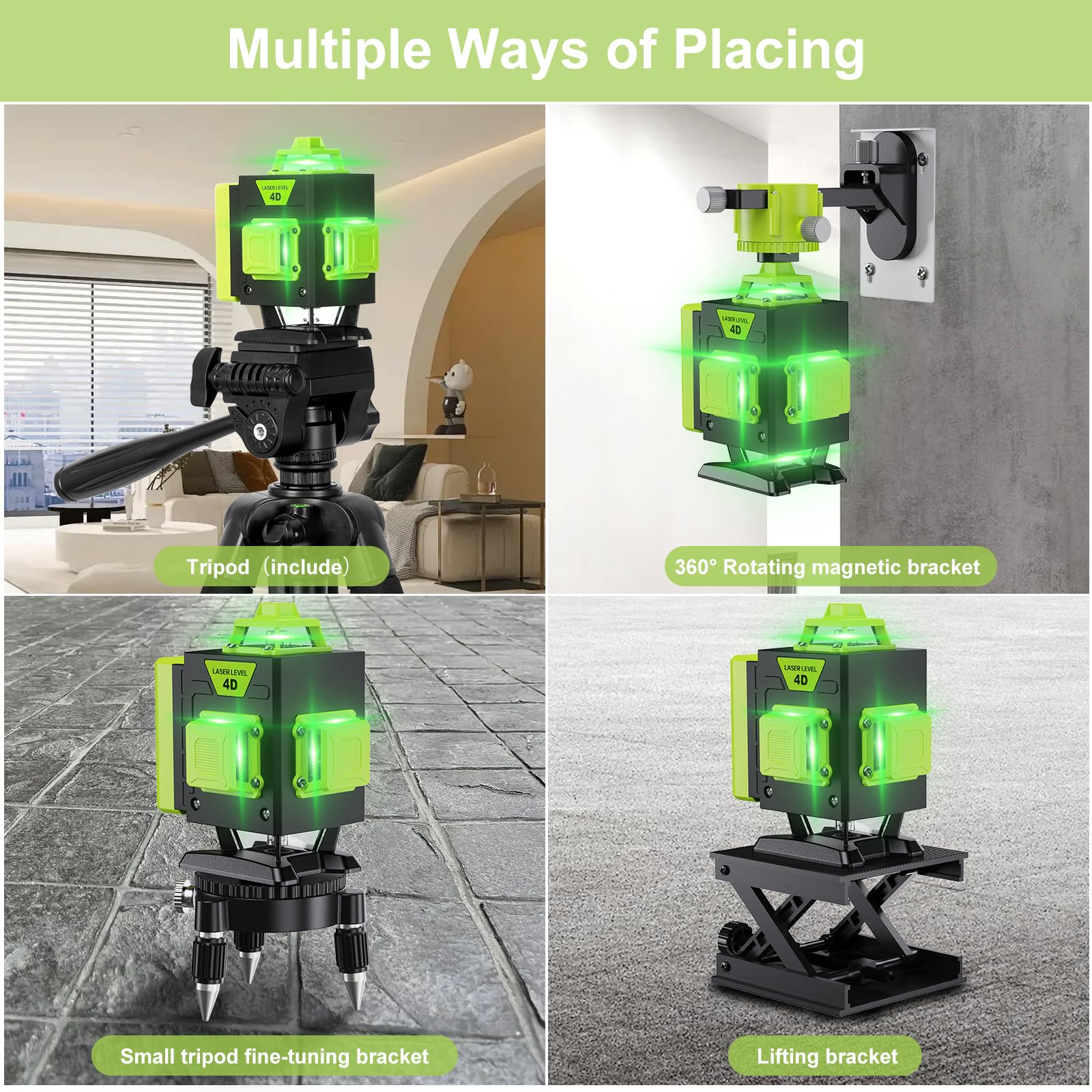 【avec Trépied】Niveau Laser 4 x 360°, 16 Lignes Vert Laser Chantier Professionnel pour la Construction et l'Accrochage de Photos, Autonivellement, Batterie Rechargeable