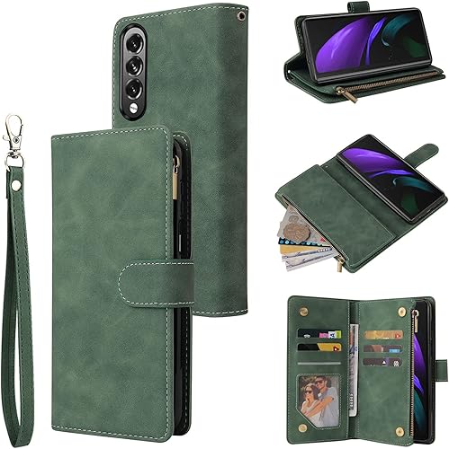 LBYZCASE Funda de teléfono para Galaxy Z Fold 3 5G (2021), Galaxy Z Fold 3, funda de cuero con tapa de lujo, bolsillo con cremallera, correa de