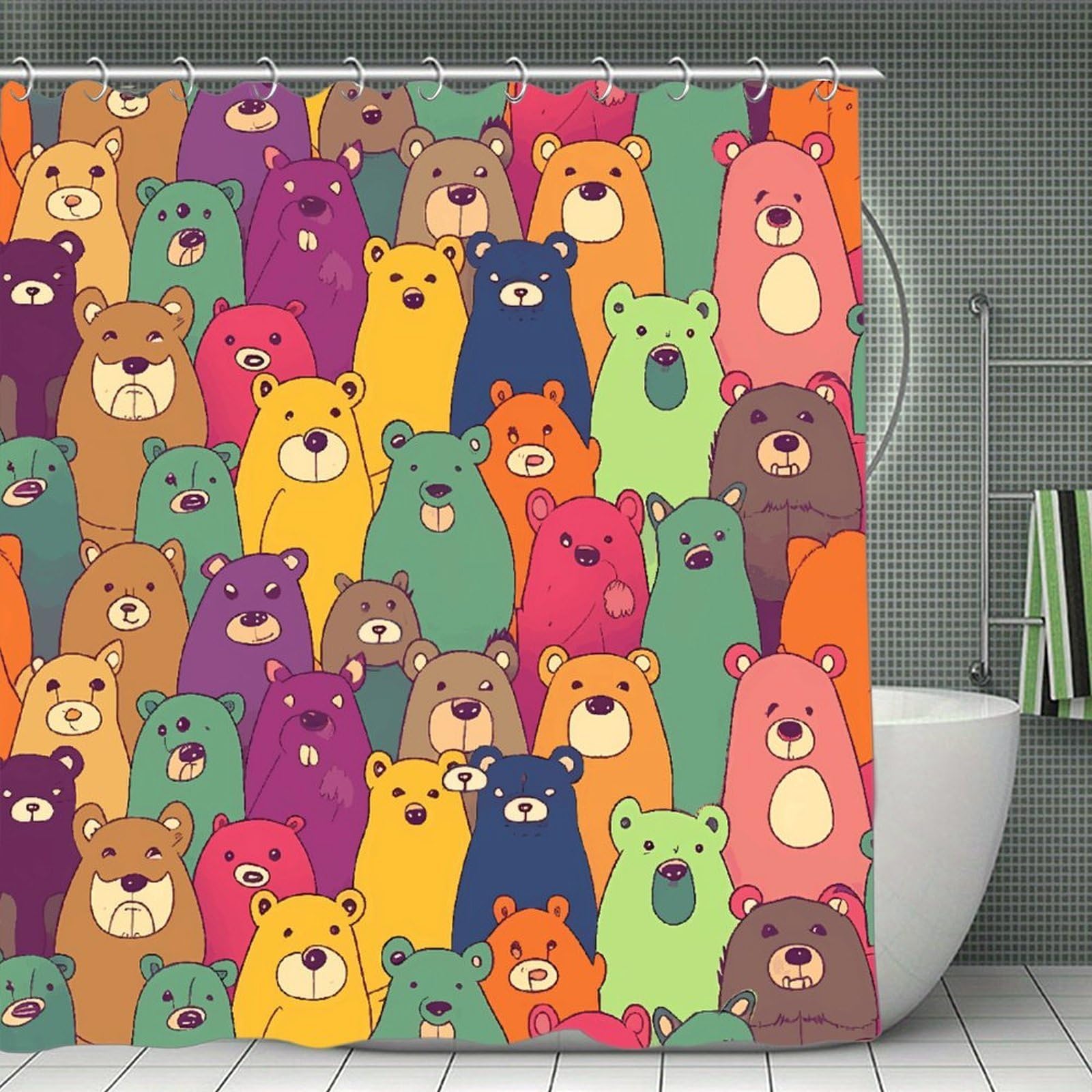 VstaDank Colorful Bears Shower Curtain Waterproof Bathroom Shower Curtain with C Type Hooks Soft Lightweight Shower Curtains Liner Washable Polyester Cloth Shower Liner 71x71 Inch