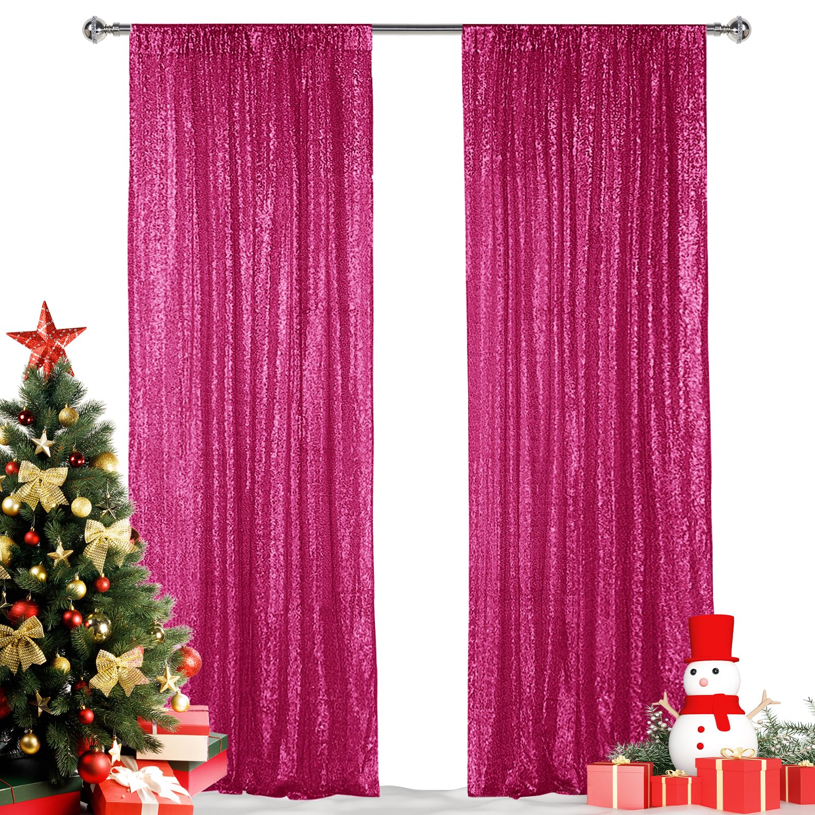 Hahuho Fuchsia Sequin Backdrop Curtain, 2PCS 2FTx8FT Glitter Backdrop Curtain for Parties, Christmas, Wedding, Party Decoration（2 Panels, 2FT x 8FT,