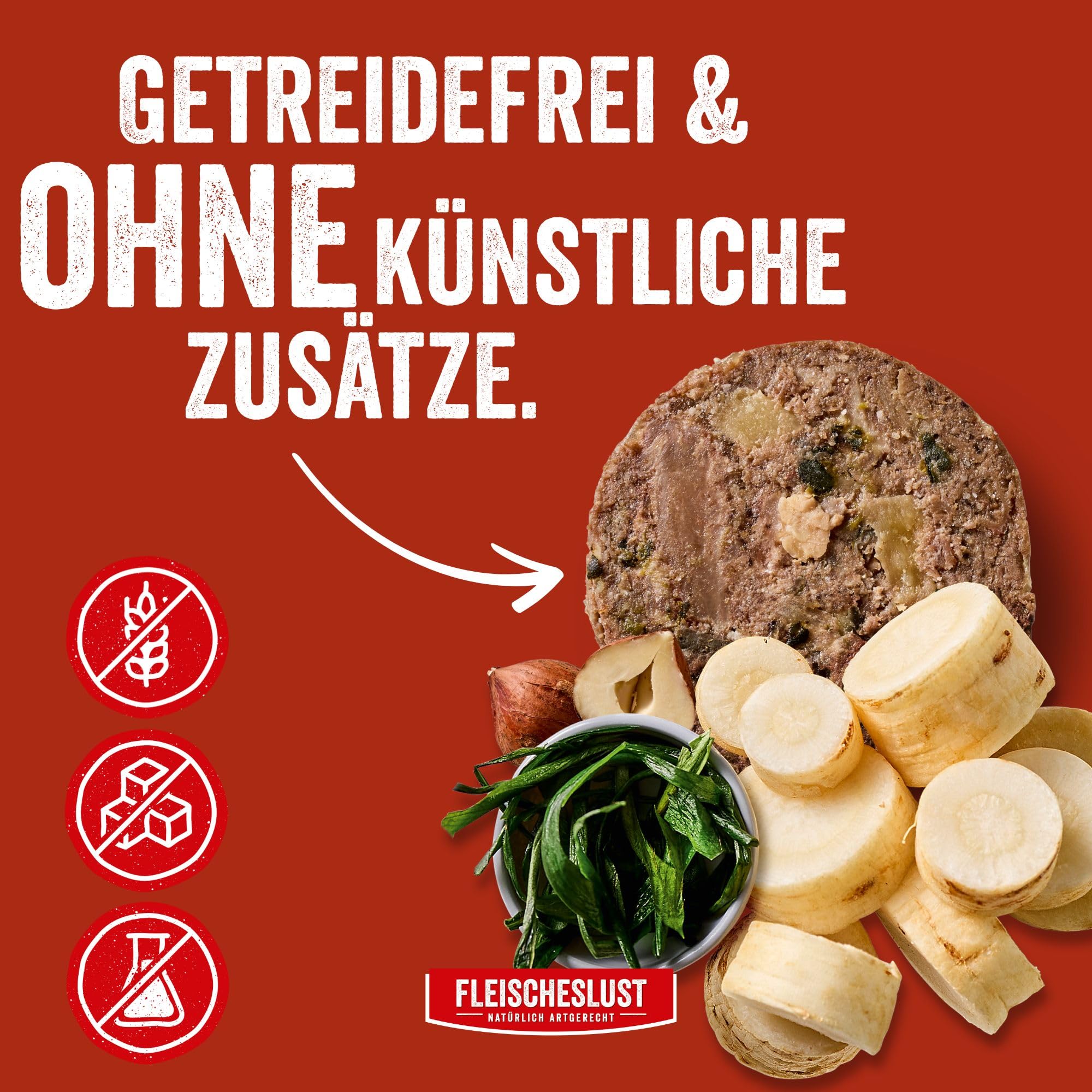 Fleischeslust Salchichas para perros, menú de carne con chirivía, avellana y algas marinas, caja de alimentos (6 x 800 g), comida húmeda, resistente a los cortes, sin cereales, pienso completo para