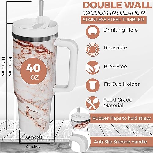 Miniatura 3 de Vaso de acero inoxidable con aislamiento de doble pared de 40 onzas con asa, tapa y popote, mantiene las bebidas calientes o frías durante horas,
