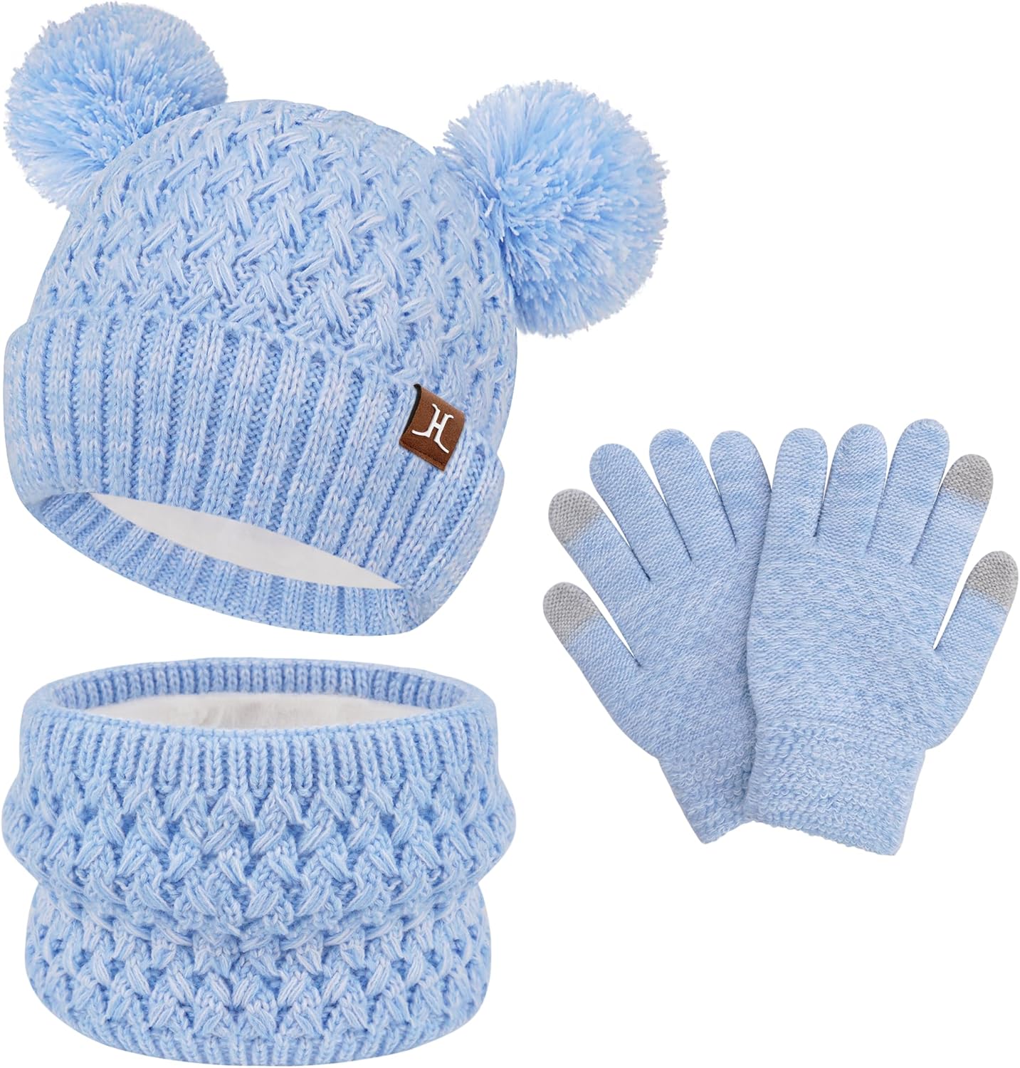 ZASFOU Kinderwintermuts, sjaal, handschoenen, touchscreen-set, 2, 3, 4, 5, 6, 7 jaar, muts, gebreide muts met pompon, halswarmer, handschoenen, cadeaus voor meisjes en jongens, Beige, One size