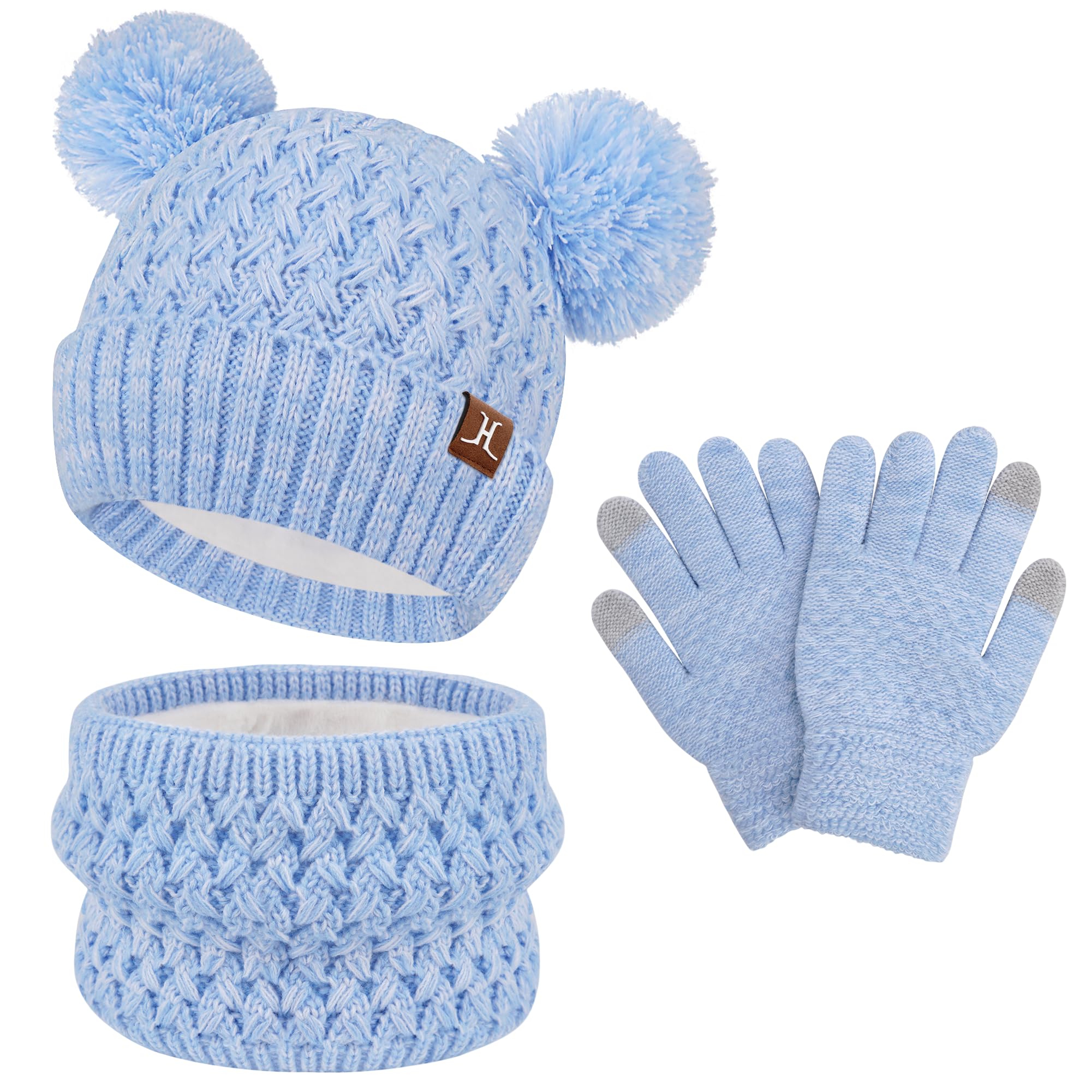 ZASFOU Niños Sombrero Invierno Bufanda Guantes Pantalla Táctil Set 2 3 4 5 6 7 Años Gorro Sombreros de Punto con Pompón Braga Cuello Guante Regalos para Niñas Niño