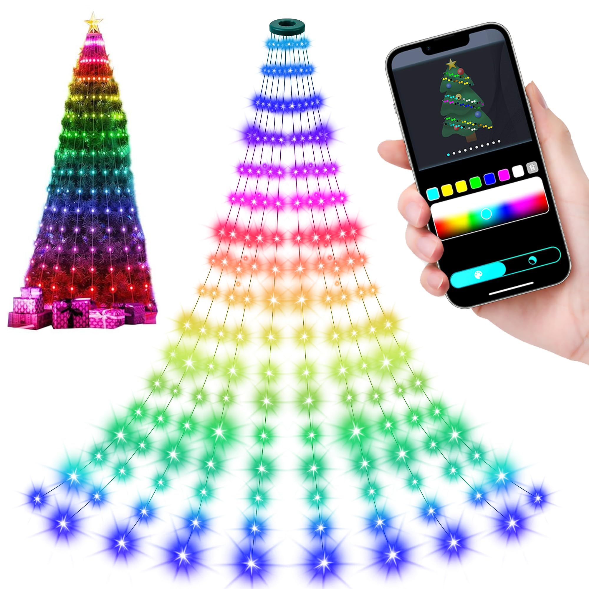 Smart Christmas Tree Lights, 6.5Ft Drop Line Go Over Tree, 200LED Multi Color Changing Lights with APP Control & Remote Control, Indoor Outdoor Christmas Tree Fairy String Lights Xmas Party Decoration