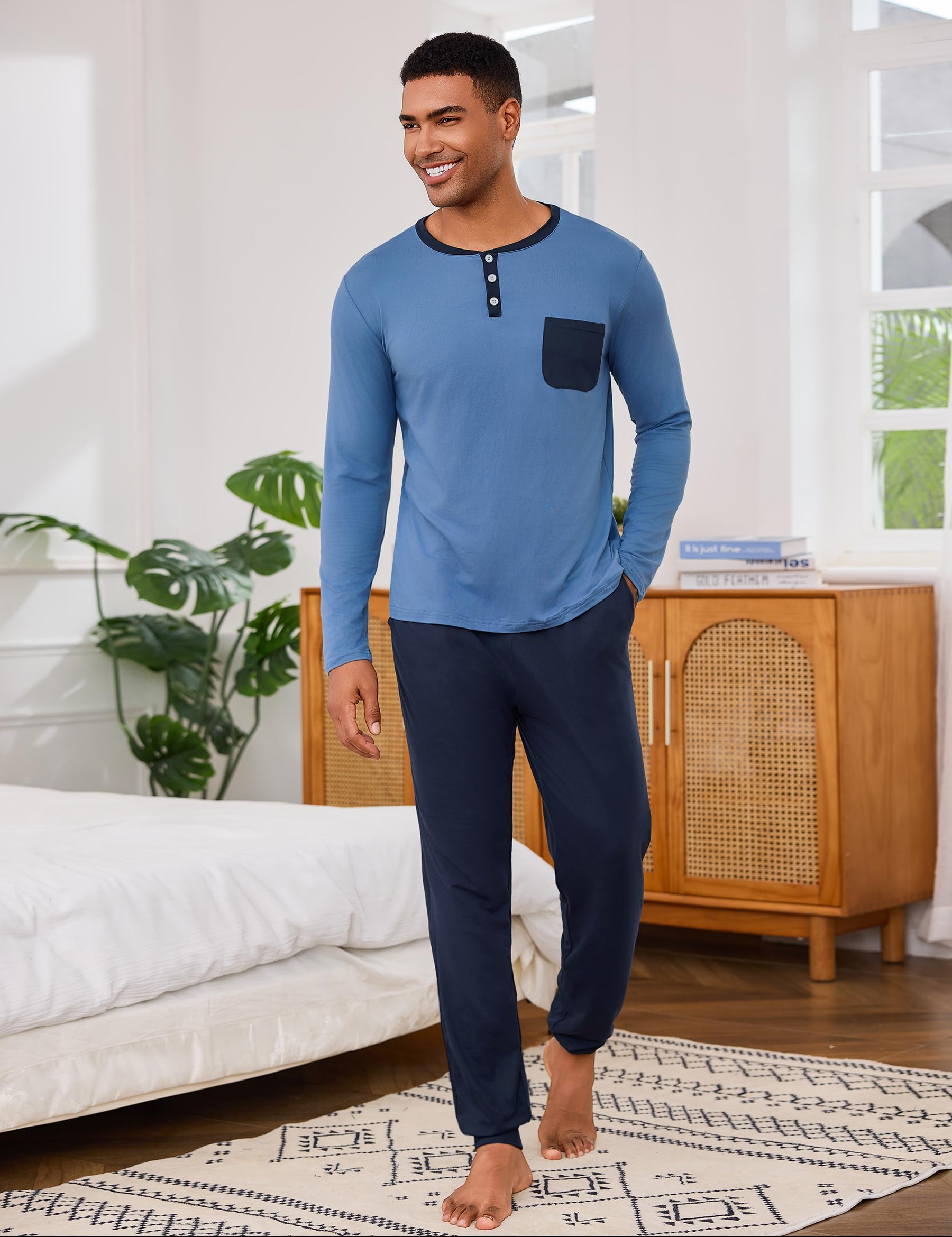 Uniexcosm Pigiama Uomo Cotone Lungo Pigiama A Due Pezzi da Uomo Abbigliamento da Casa