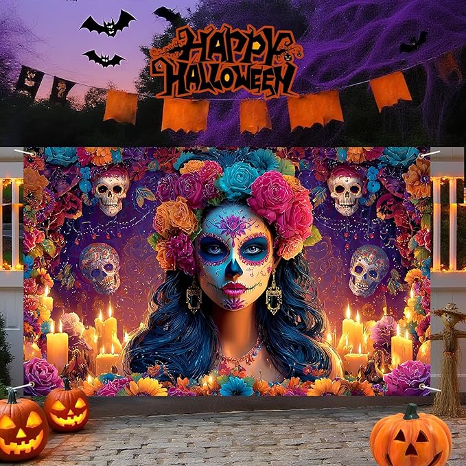 71x43 Inch Halloween Banner Outdoor Decoration – Day of the Dead Backdrop with Sugar Skulls, Candles & Floral Catrina Design, Large Scary Party Yard Porch Wall Décor