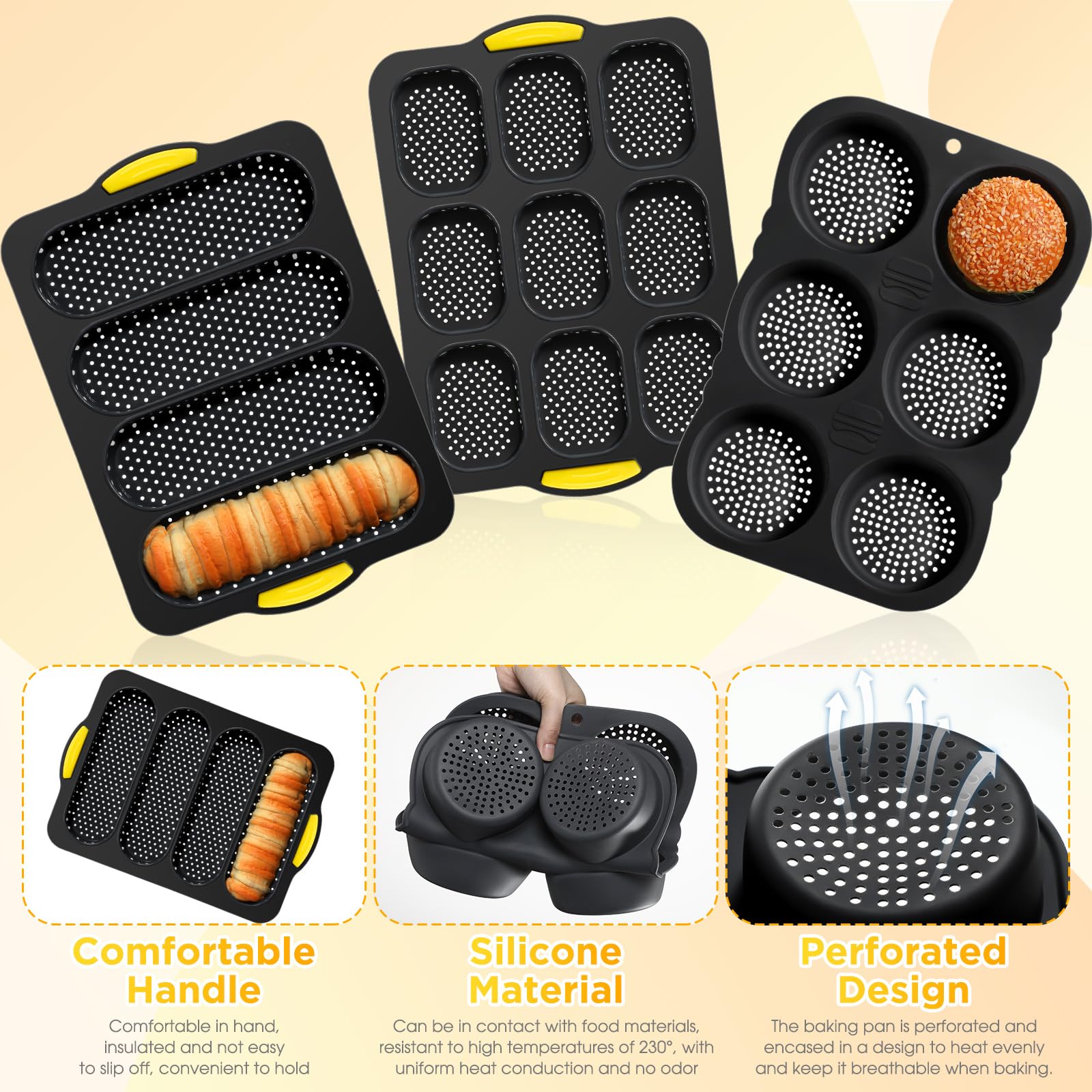 FillTouch Juego de 5 moldes de silicona para panecillos de hamburguesas de 4, 6, 9 tazas, con cepillo de espátula, antiadherentes, para hornear pan casero, bandeja para hornear sándwich, refrigerador,