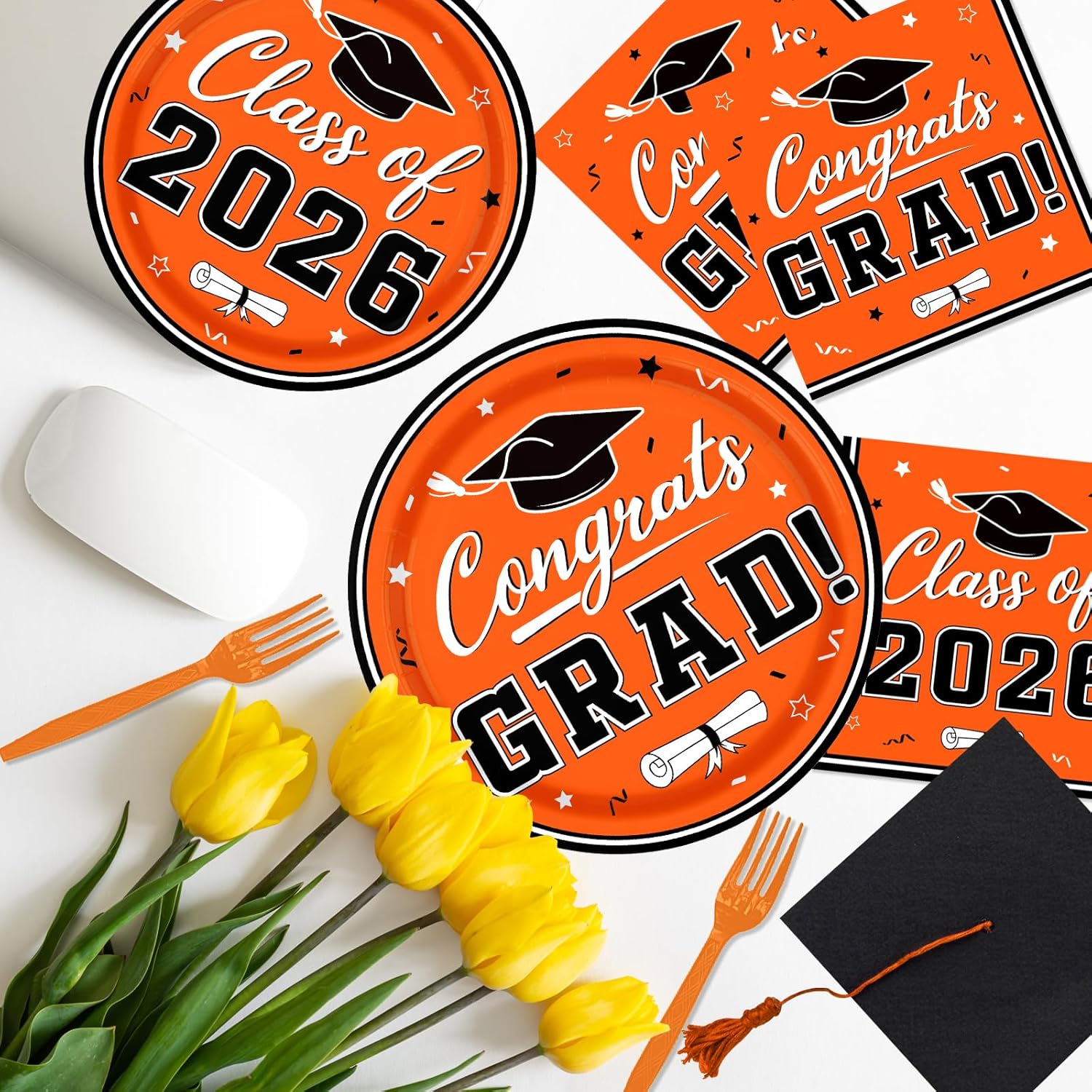 Orange Graduation Decorations 2026,200Pcs Black and Orange Graduation Plates and Napkins,Forks for Graduation Party Decorations,Class of 2026 Graduation Party Supplies,Serve 50