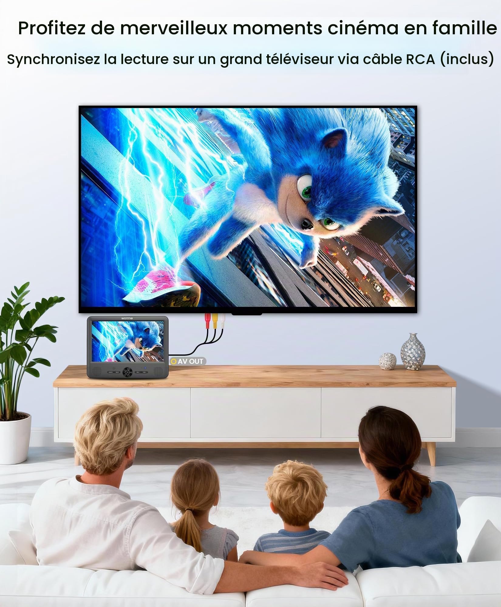 WONNIE Lecteur DVD portable de 10 pouces avec deux films différents ou identiques avec 2 supports d'appui-tête, batterie rechargeable 5H, dernier stockage, sortie/entrée AV
