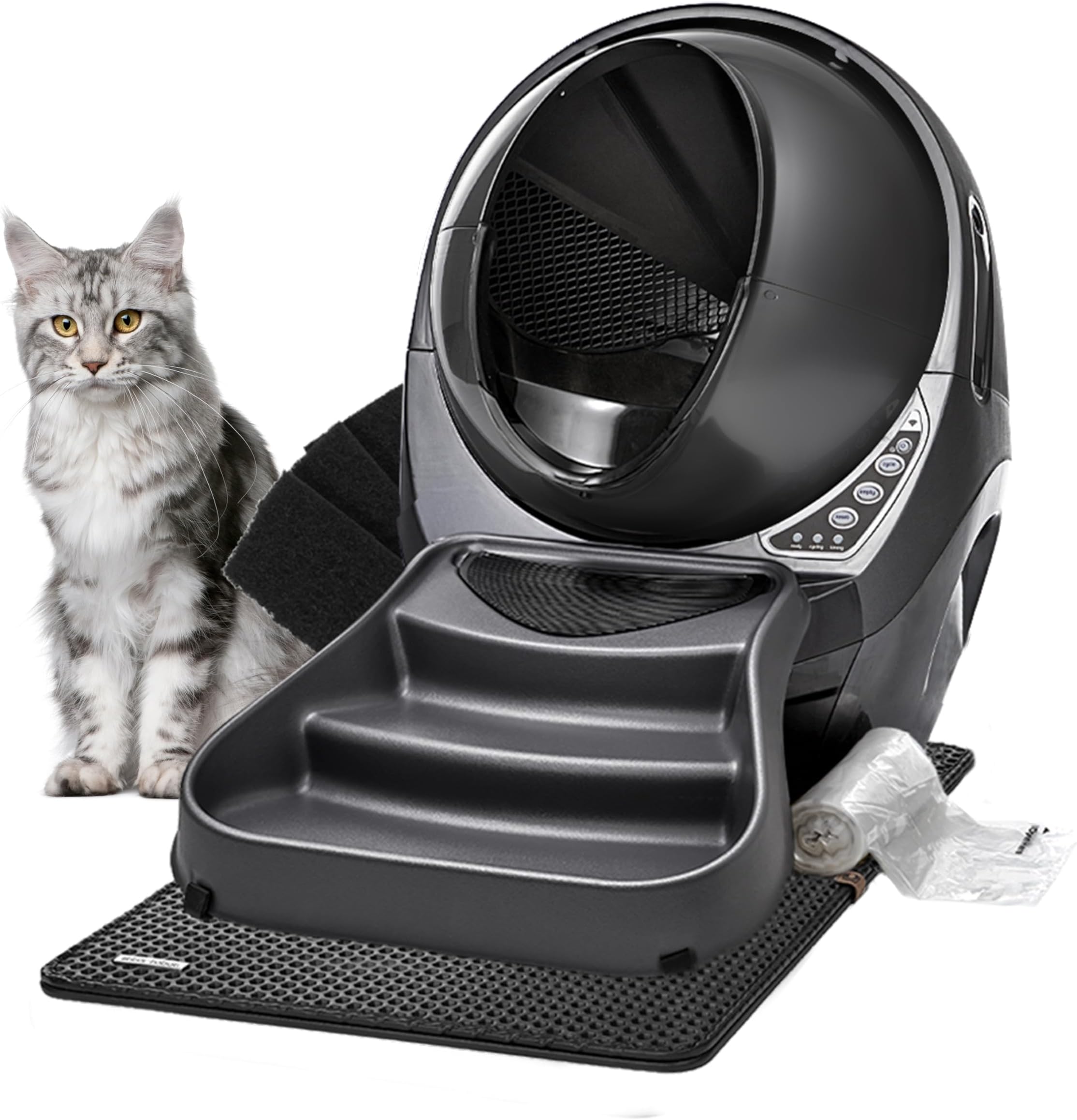 Litter-Robot 3 Core Bundle by Whisker, Grey - Automatic, Self-Cleaning Litter Tray, Includes Litter-Robot, Mat, Fence, Ramp, 25 Waste Drawer Liners, 3 Carbon Filters & 2 Years of WhiskerCare