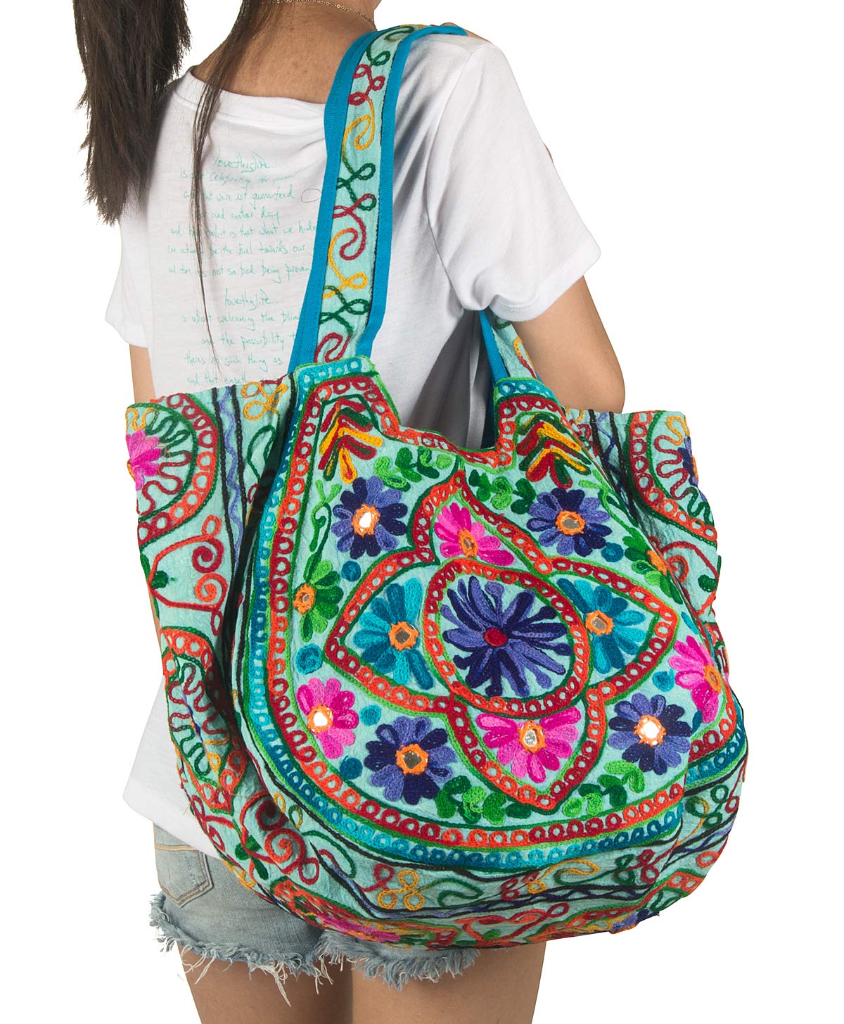 Tribe Azure Fair TradeFloral Tote Shoulder Bag Large Colorful Everyday Travel Market School Women Fashion Girl Unique