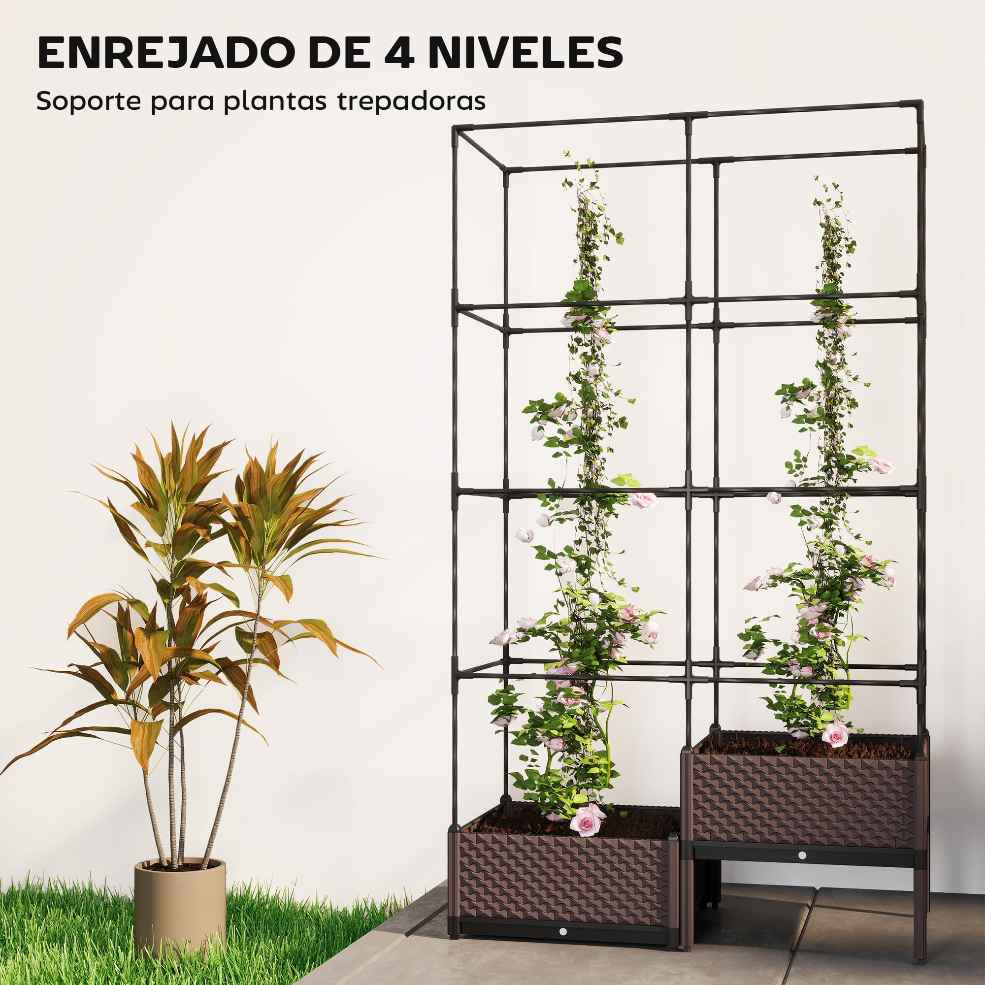 Outsunny Jardinera con Enrejado Metálico, Jardinera Exterior Grande para Plantas Trepadoras, 2 Macetas de PP con Orificios de Drenaje, Tapones, Macetero Elevado para Jardín Patio, 100x50x174 cm, Negro