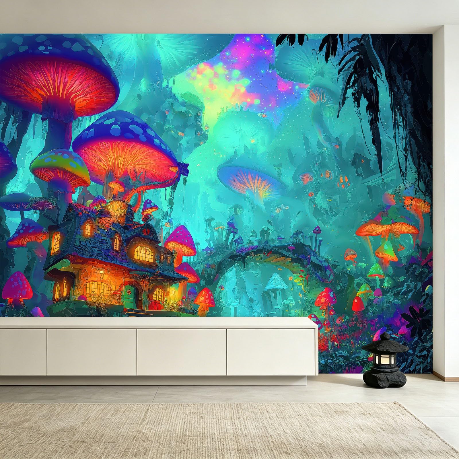 Générique Tapeta z włókniny Las Bajki 300 x 210 cm, jasna tapeta do domu z grzybami panoramiczne, łatwa do zainstalowania dekoracja ścienna do salonu, sypialni, kuchni