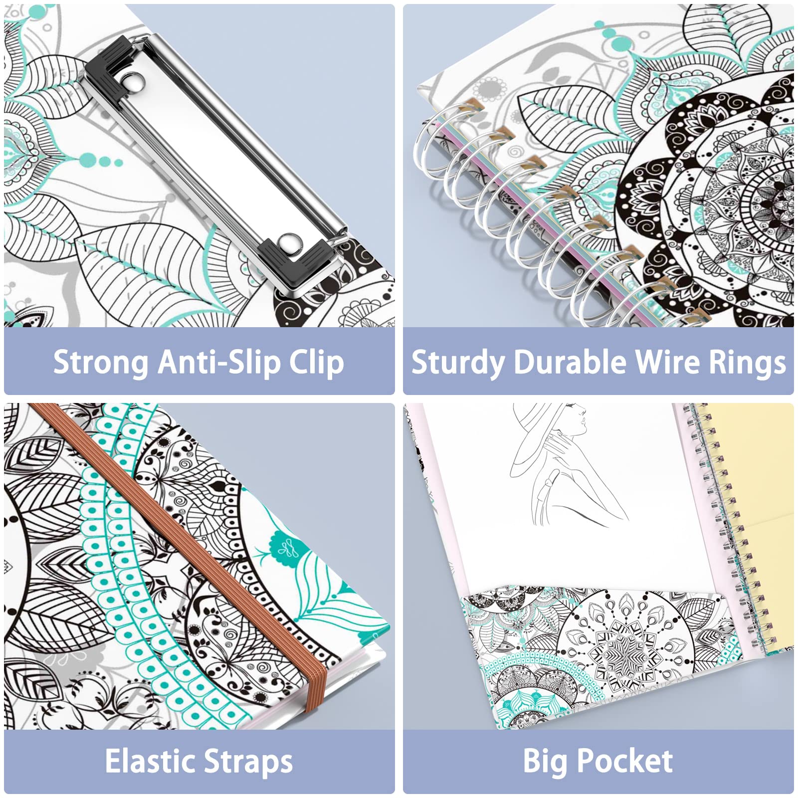 Rimilak Porte-bloc à spirale avec bloc-notes ligné rechargeable, 36,8 x 24,8 cm, porte-bloc à couverture rigide avec 5 poches intérieures, bande élastique et boucle pour stylo. Joli porte-bloc