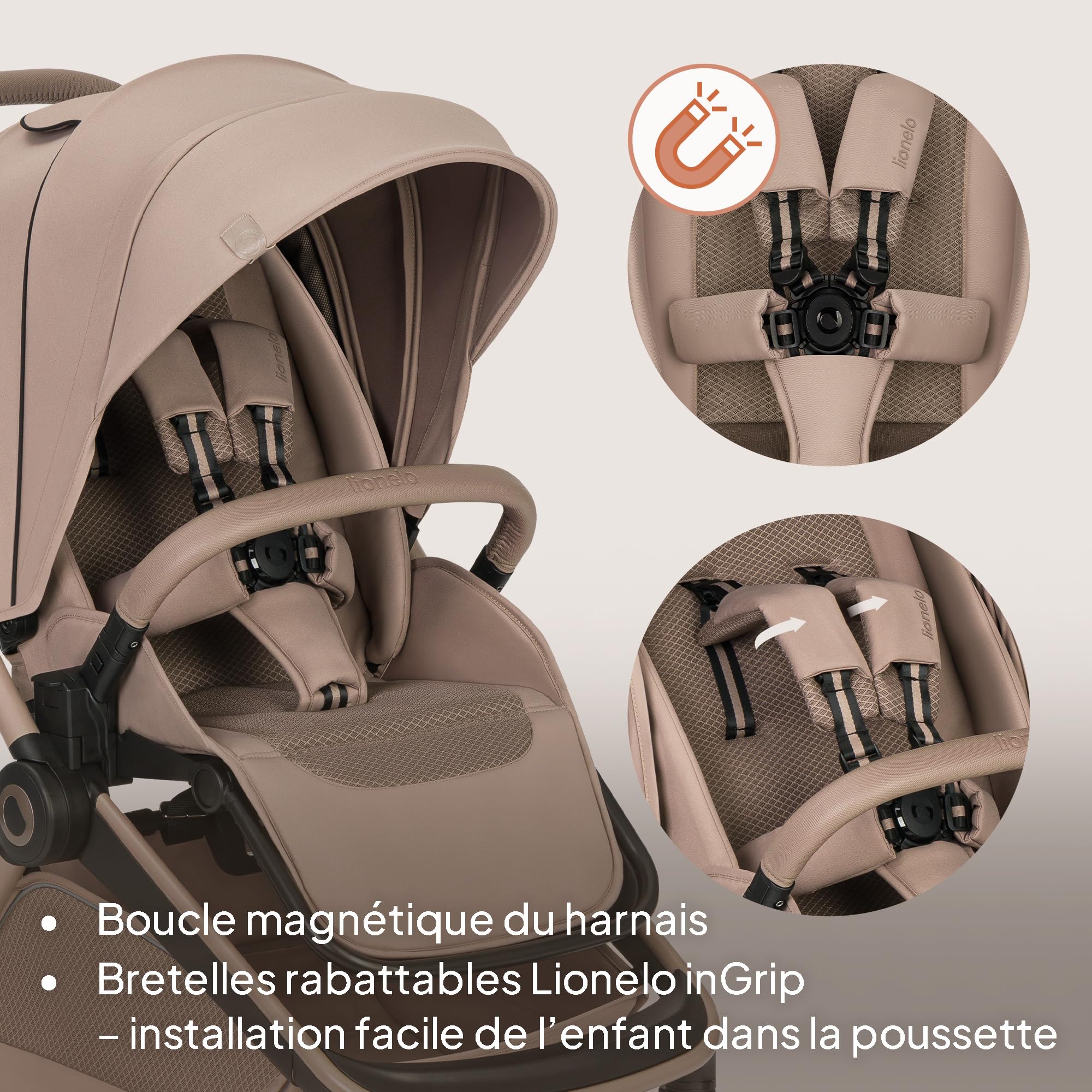 Lionelo Freya Poussette 2en1 (0-4 Ans, 0-22 Kg), Nacelle Pliable et Poussette Bebe, Position Allongée, Suspension et Roues PU, Capote UPF50+, Boucle Magnétique, Ventilation, Accessoires (Beige)