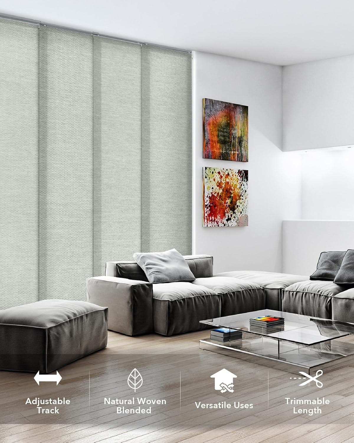 GoDear Design Adjustable Sliding Closet Door Blinds 45.8"- 86" W x 96" H, Extendable Panel Track Vertical Blinds for Sliding Doors, Shimmering Trimmable Fabric Panel Curtains, Semi-Sheer, Moonstone
