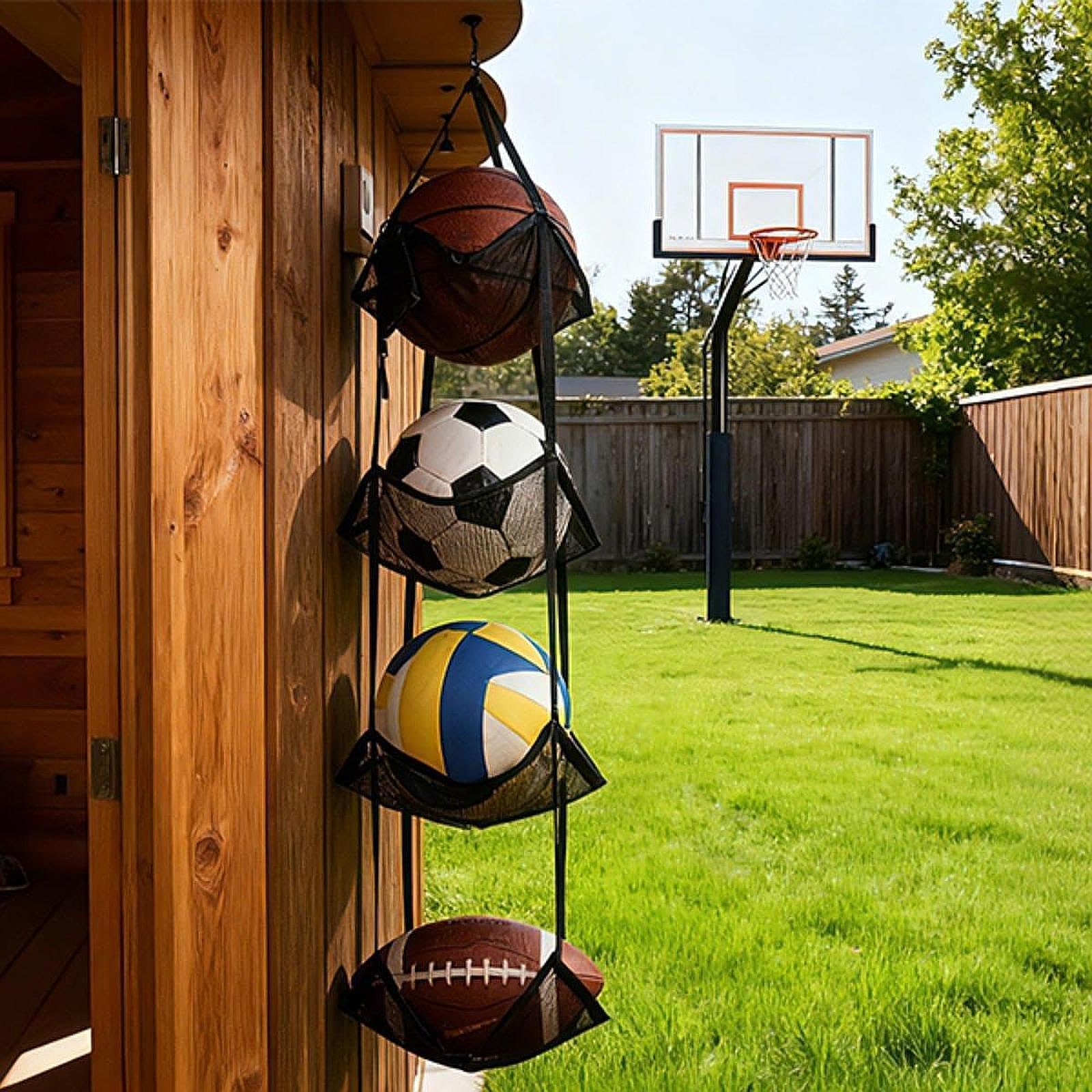 Sports Ball Storage Net Basket for Garage Display Rack for Volleyball Soccer 4 Layer