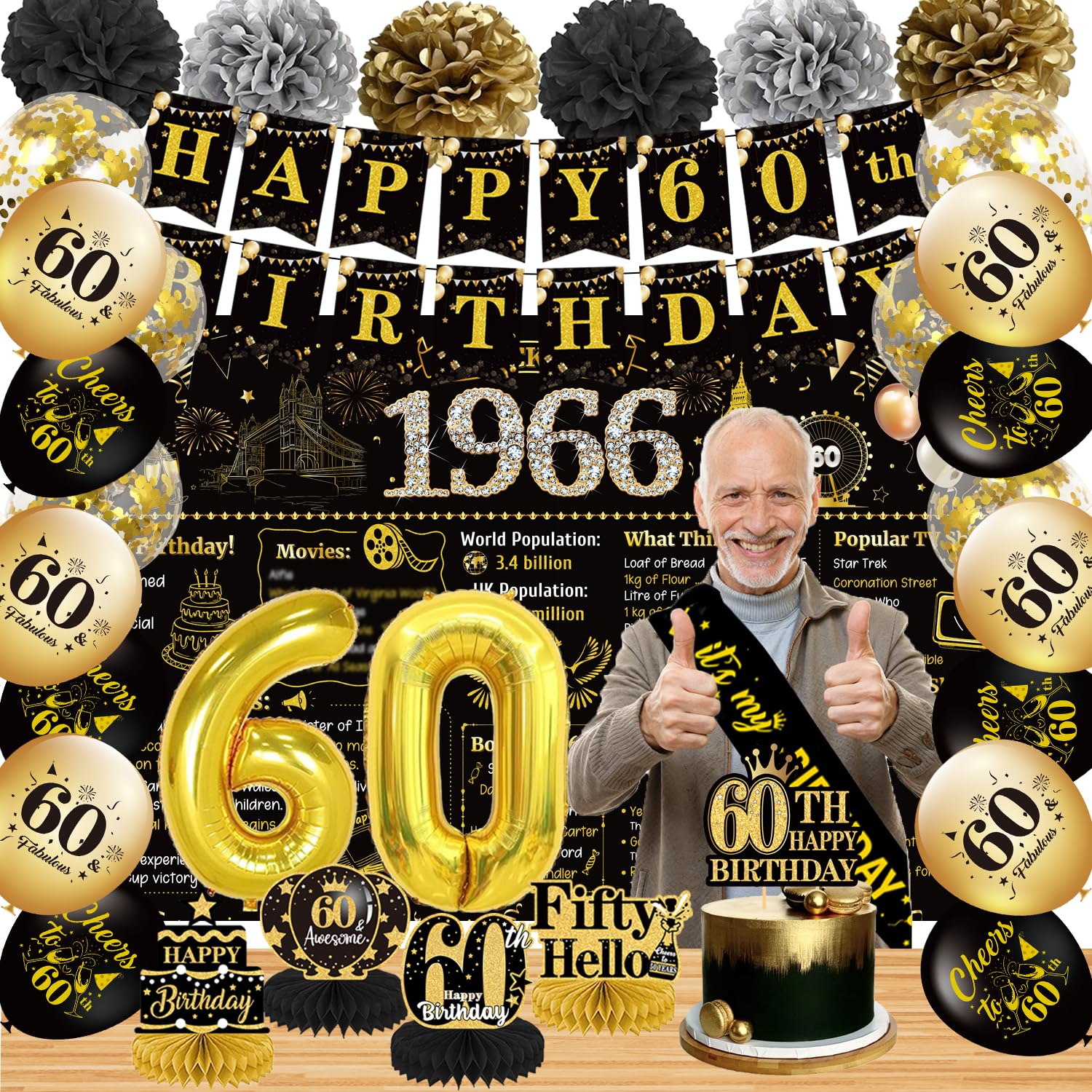 Eiapadeor 60th Birthday Decorations for Men Women - 35 Pcs Black Gold Happy 60 Year Old Party Supplies Back in 1966 Backdrop Banner Balloons Sash Cake Topper Paper Pompoms Honeycomb Centerpiece Set
