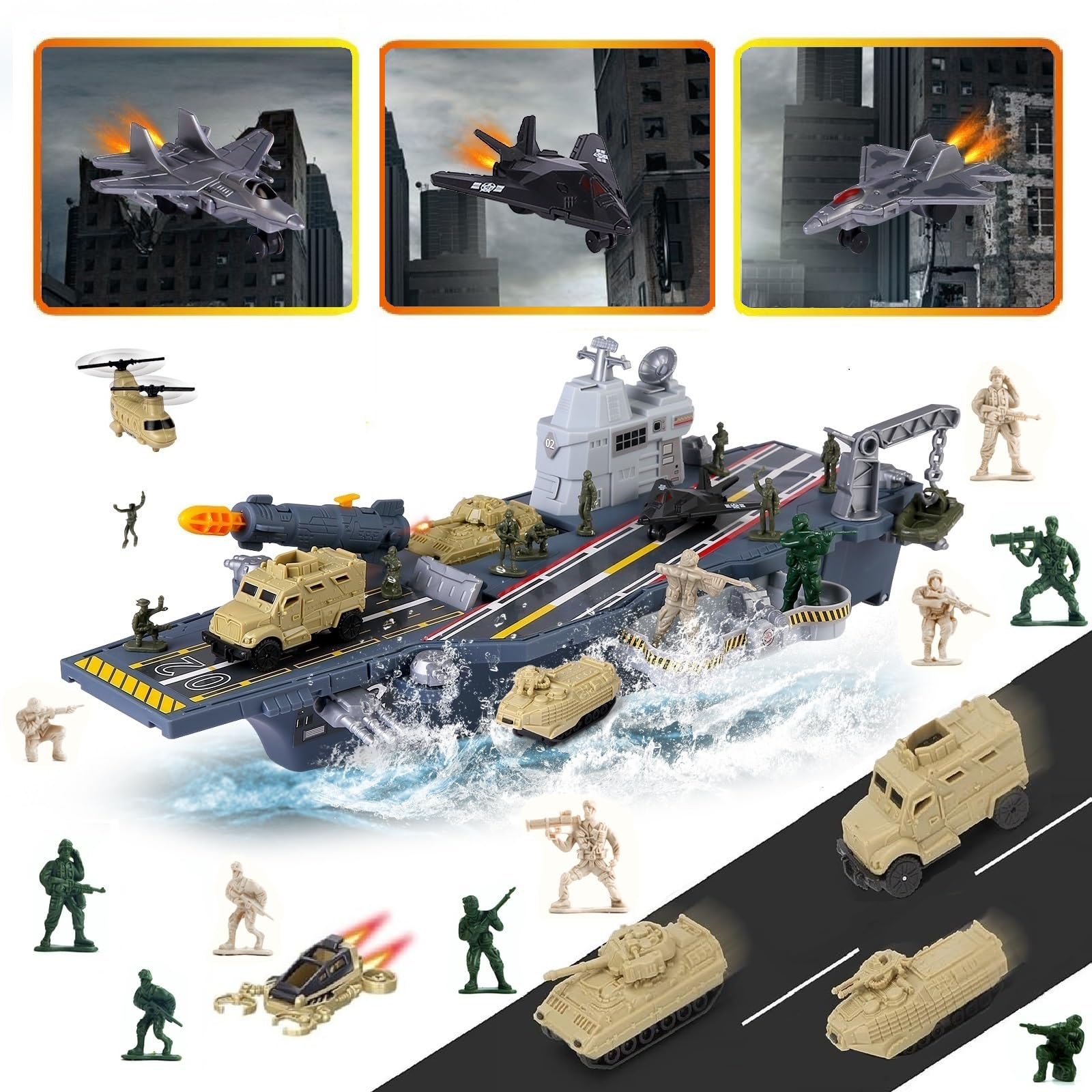 Flugzeugträger Modell Spielzeug Kriegsflugzeuge Kriegsschiffe Militärfahrzeuge Schlachtschiff Spiel Set, Armee Männer Figuren Spielzeug Militär Marineschiff mit Schlachtschiff Tank Kämpfer Jets Hubsch