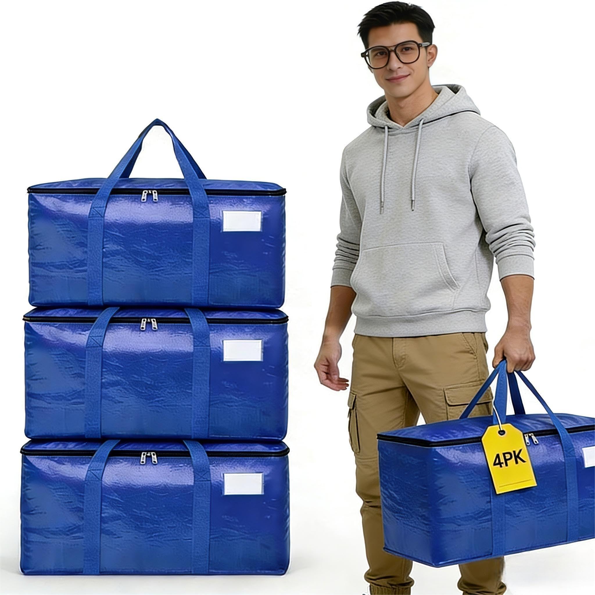 4PK Extra Large Heavy Duty Moving Bags Blue Storage Moving Bags Reinforced Handles Heavy-Duty Zippers Moving Boxes Storage