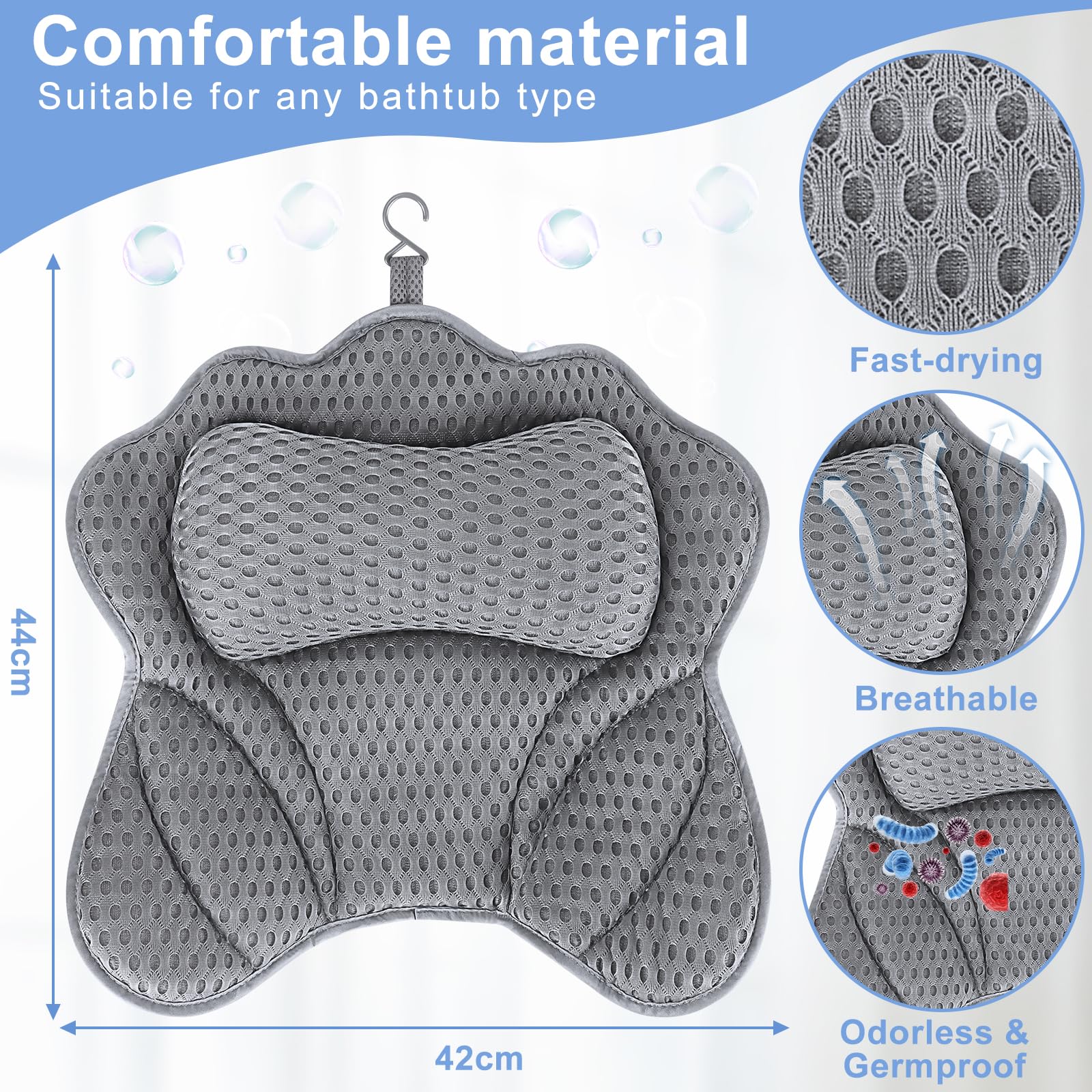 Almohada para bañera, cojín de baño para cuello y cuello, con tecnología de malla de aire 4D y ventosas, ideal para spa en casa, soporta cabeza, hombros y espalda en la bañera (gris)