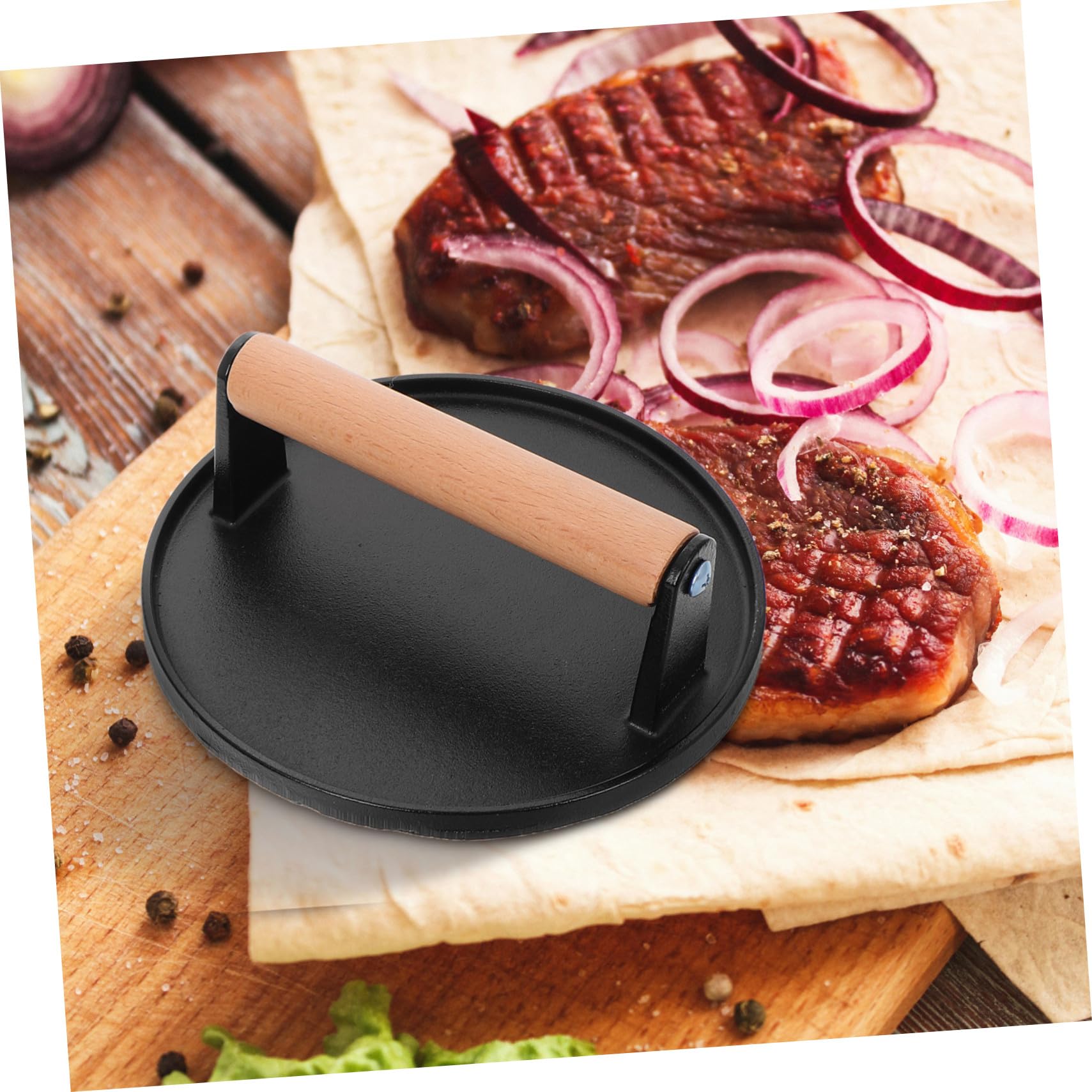 Sosoport Prensa Uso Multifuncional con Mango de Madera de Hierro Fundido para Hamburguesas Diseño sin Recubrimiento, 2 Piezas en Cocina para Tocino y Otras Carnes